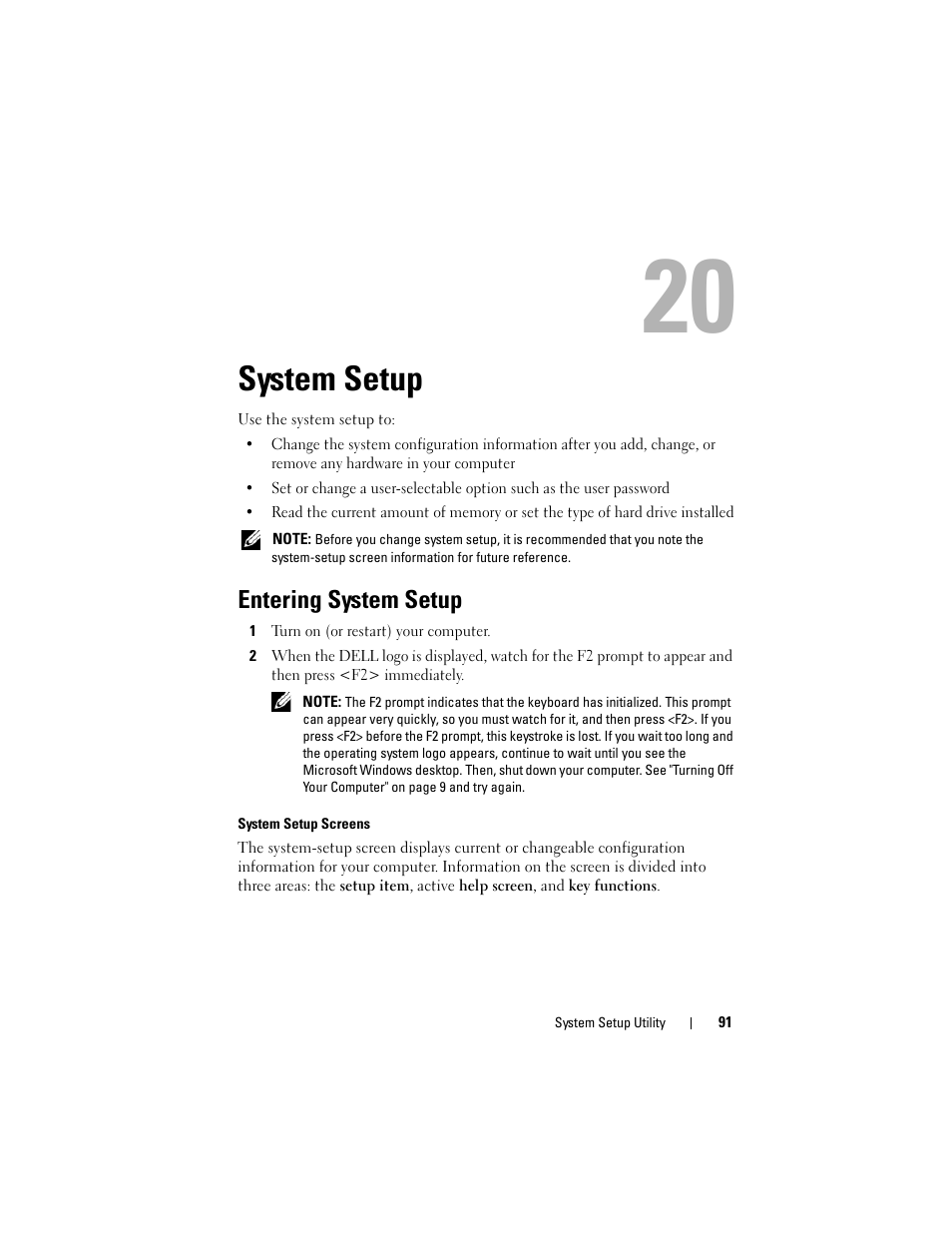 System setup, Entering system setup | Dell Inspiron 14z (N411z, Late 2011) User Manual | Page 91 / 102