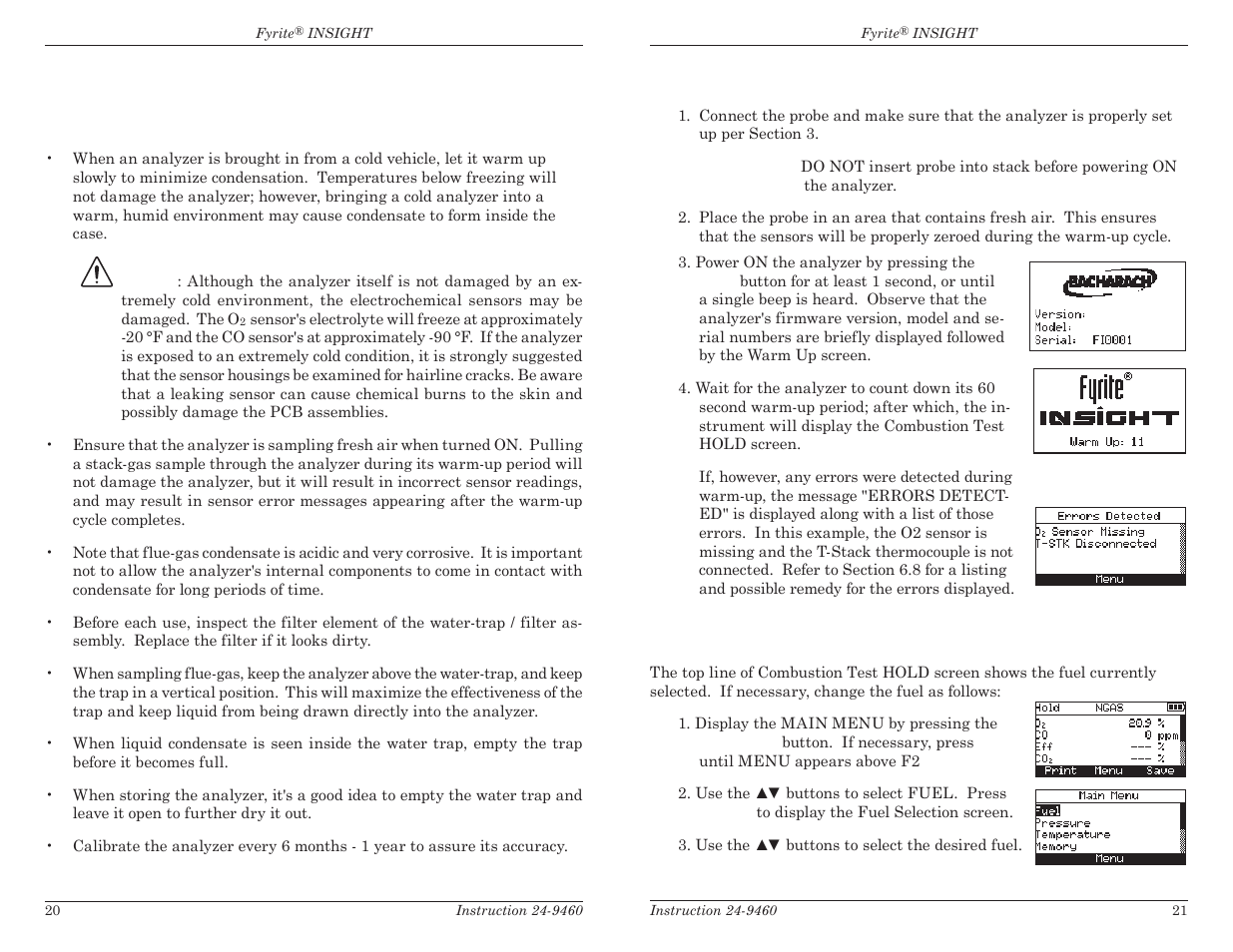0 operation 4.1 operating tips, 2 analyzer power on & warm up, 3 fuel selection | Bacharach Fyrite INSIGHT User Manual | Page 13 / 31