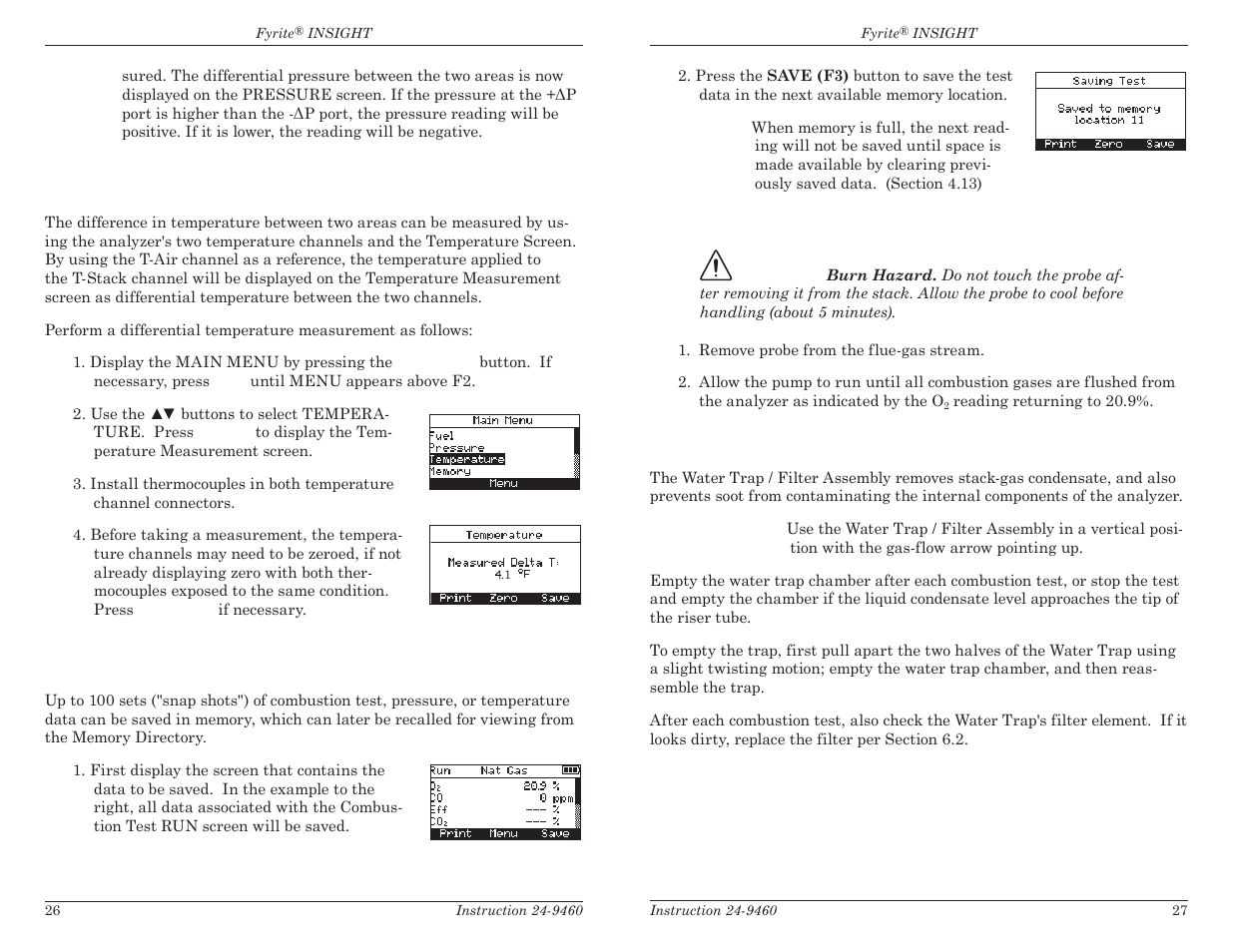 7 temperature measurement, 8 saving test data, 9 ending a combustion test | 10 emptying the water trap | Bacharach Fyrite INSIGHT User Manual | Page 16 / 31