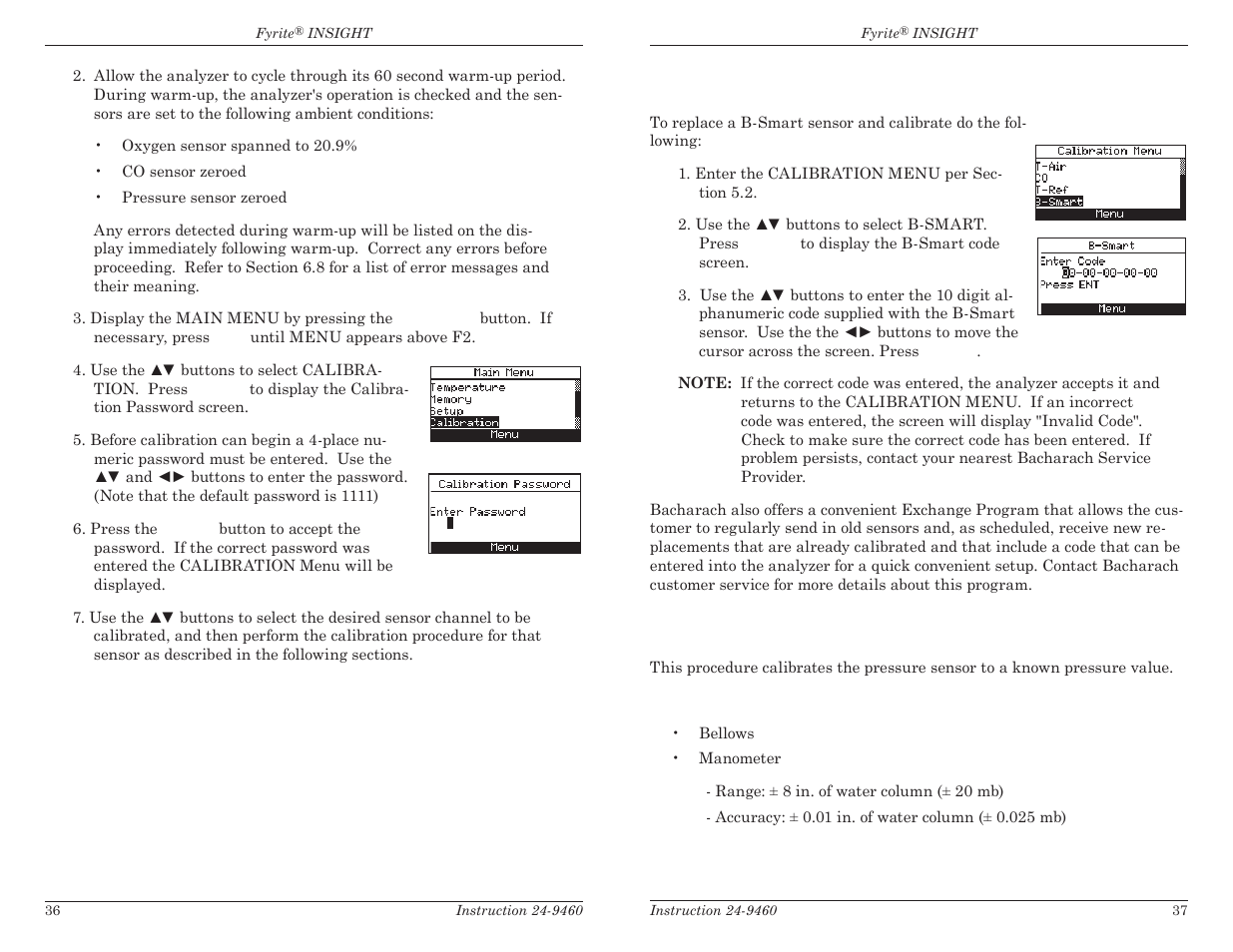 4 pressure sensor calibration, B-smart sensor replacement & calibration | Bacharach Fyrite INSIGHT User Manual | Page 21 / 31