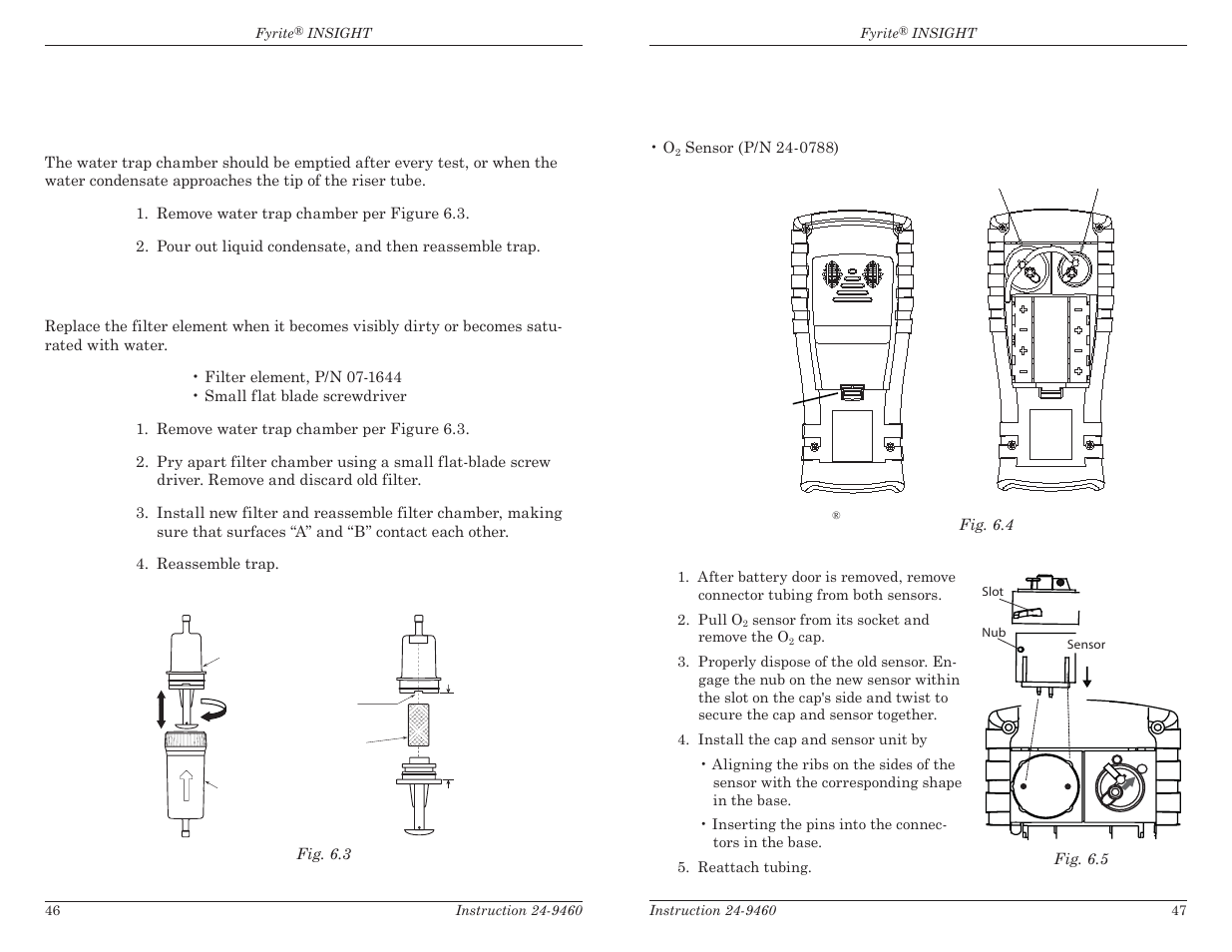 Sensor replacement, 2 water trap / filter, 1 emptying the water trap chamber | 2 replacing the filter element | Bacharach Fyrite INSIGHT User Manual | Page 26 / 31