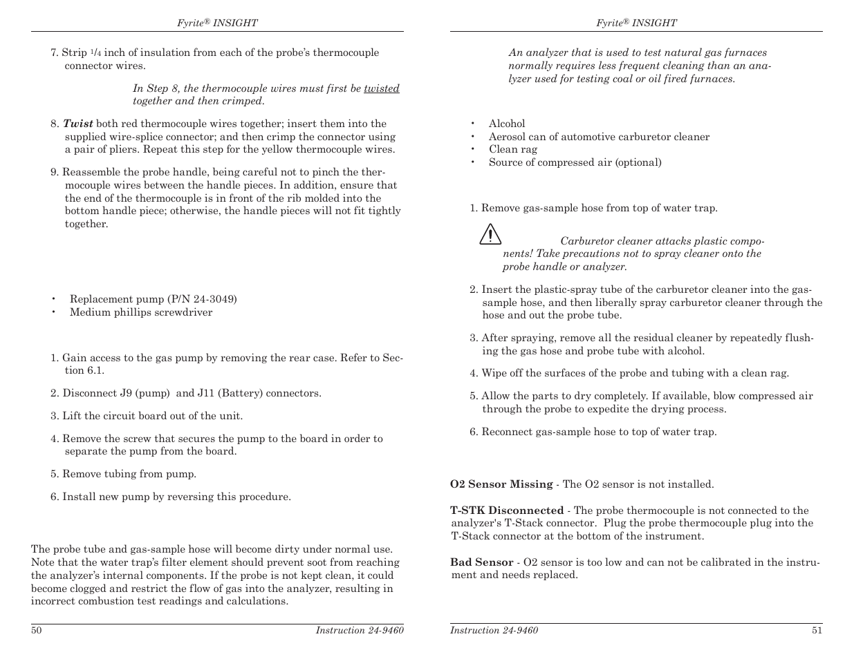 6 gas pump replacement, 7 cleaning the probe, 8 error messages | Bacharach Fyrite INSIGHT User Manual | Page 28 / 31