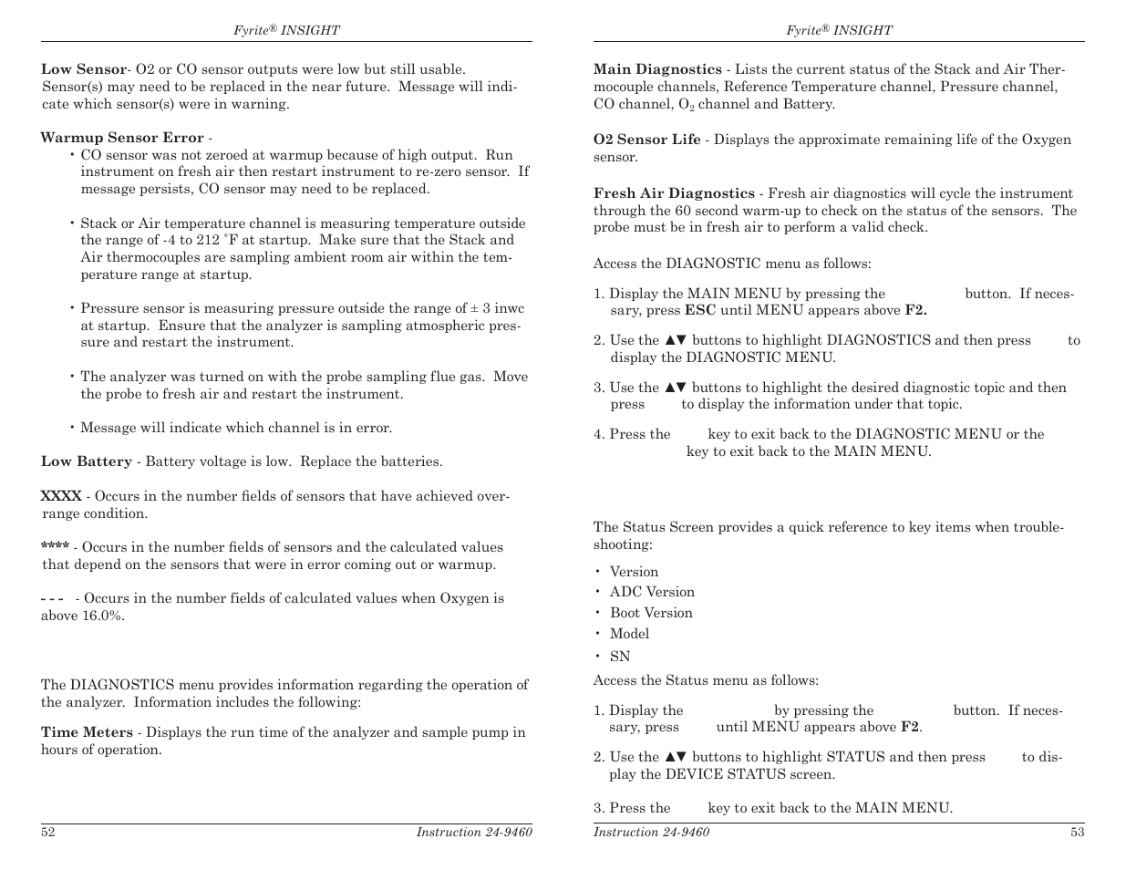 10 status screen, 9 diagnostics screen | Bacharach Fyrite INSIGHT User Manual | Page 29 / 31