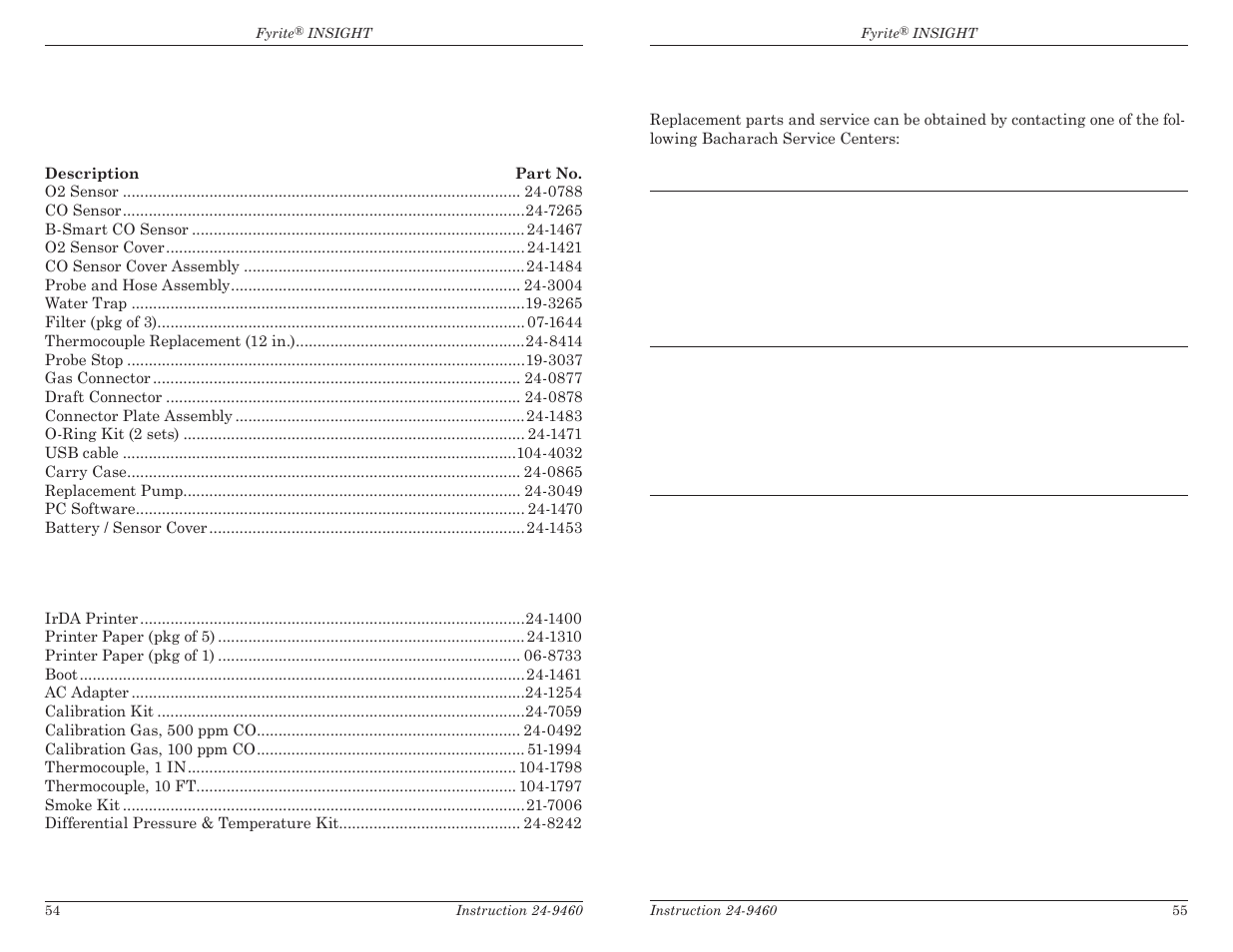 0 parts & service 7.1 replacement parts, 2 accessories, 3 service centers | Bacharach Fyrite INSIGHT User Manual | Page 30 / 31