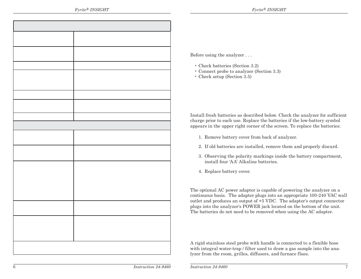0 setting up the analyzer 3.1 preliminary steps, 2 power, 3 connecting the probe hose & thermo- couple | Bacharach Fyrite INSIGHT User Manual | Page 6 / 31