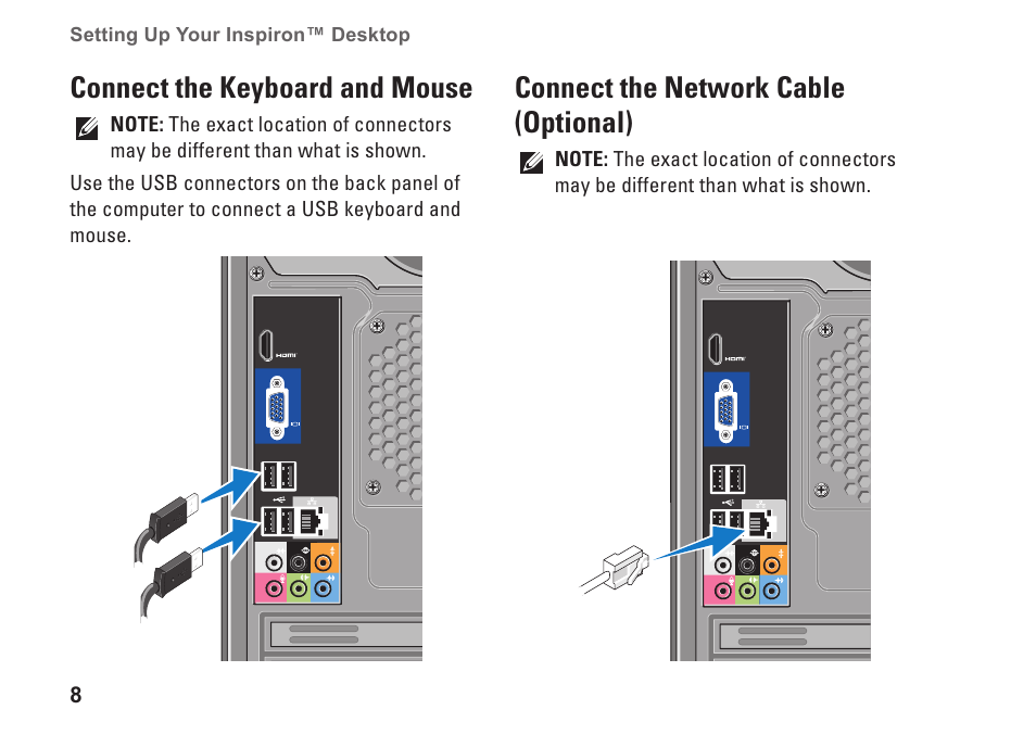 Connect the keyboard and mouse, Connect the network cable (optional) | Dell Inspiron 535 (Early 2009) User Manual | Page 10 / 64