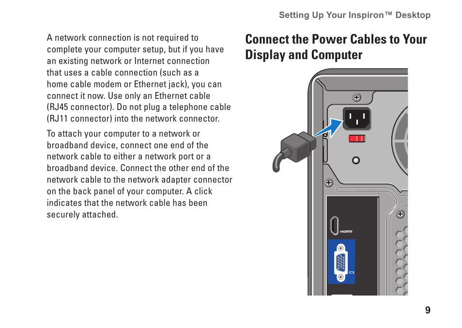 Connect the power cables to your, Display and computer | Dell Inspiron 535 (Early 2009) User Manual | Page 11 / 64