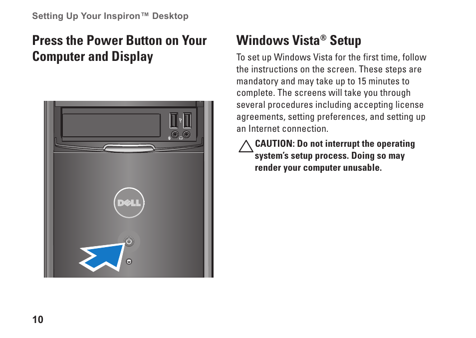 Windows vista® setup, Windows vista, Setup | Dell Inspiron 535 (Early 2009) User Manual | Page 12 / 64
