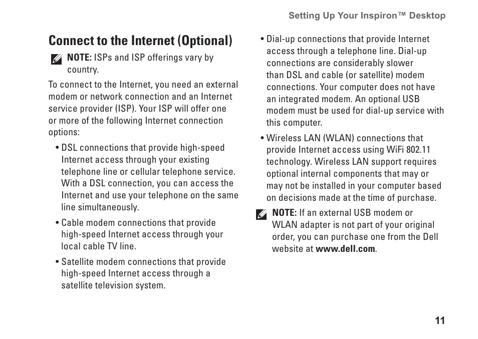 Connect to the internet (optional) | Dell Inspiron 535 (Early 2009) User Manual | Page 13 / 64