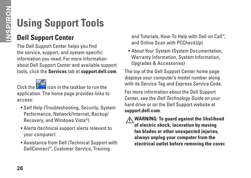 Using support tools, Dell support center, Inspiron | Dell Inspiron 535 (Early 2009) User Manual | Page 30 / 64