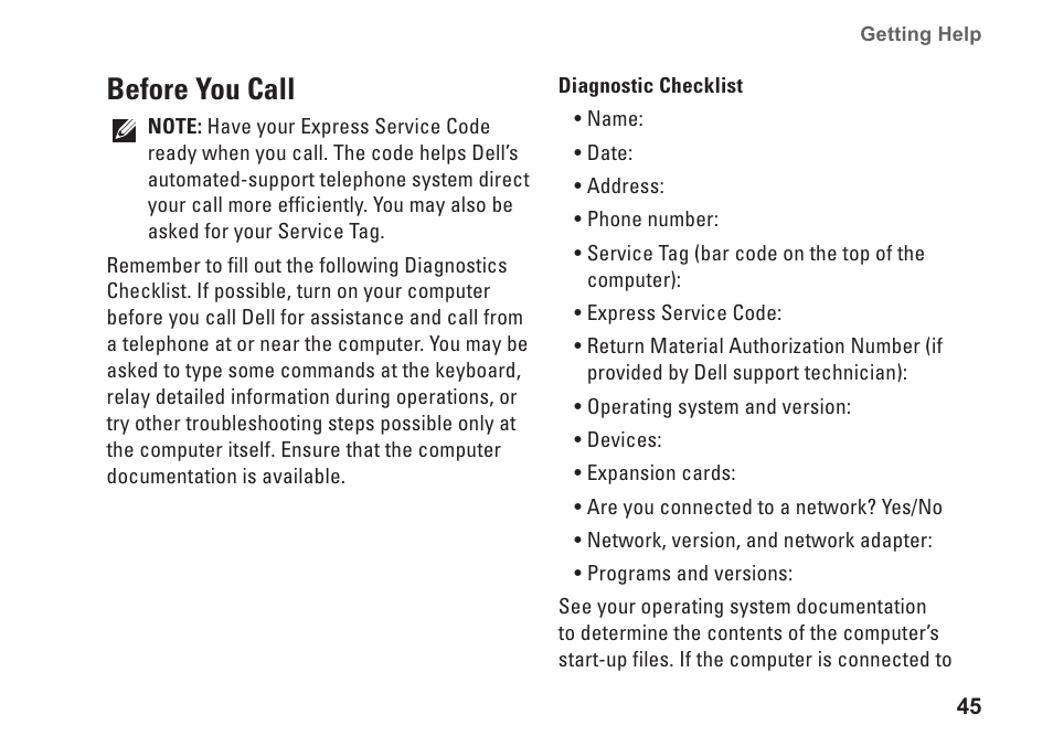 Before you call | Dell Inspiron 535 (Early 2009) User Manual | Page 47 / 64