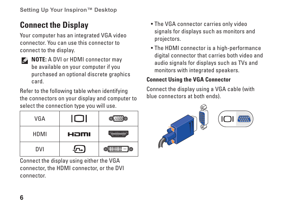 Connect the display | Dell Inspiron 535 (Early 2009) User Manual | Page 8 / 64