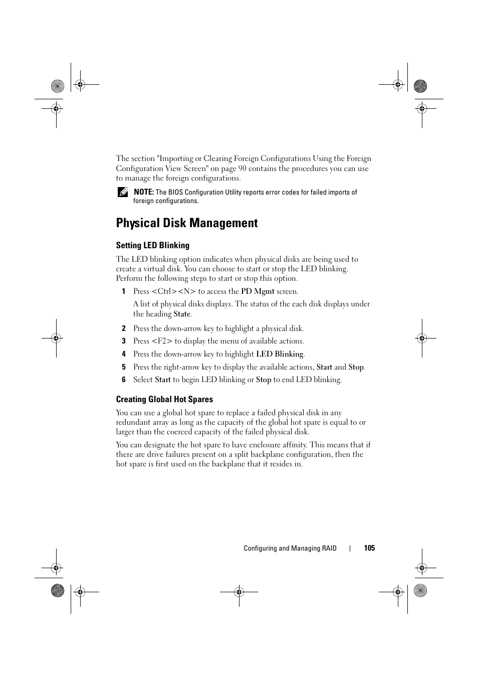 Physical disk management, Setting led blinking, Creating global hot spares | Dell PowerEdge RAID Controller 6E User Manual | Page 105 / 160