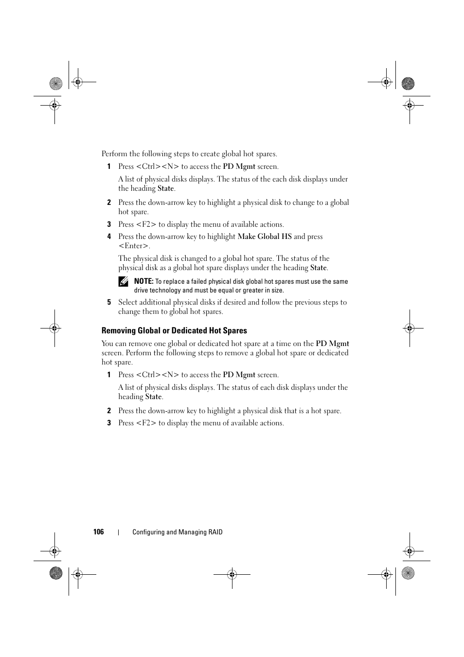 Removing global or dedicated hot spares | Dell PowerEdge RAID Controller 6E User Manual | Page 106 / 160