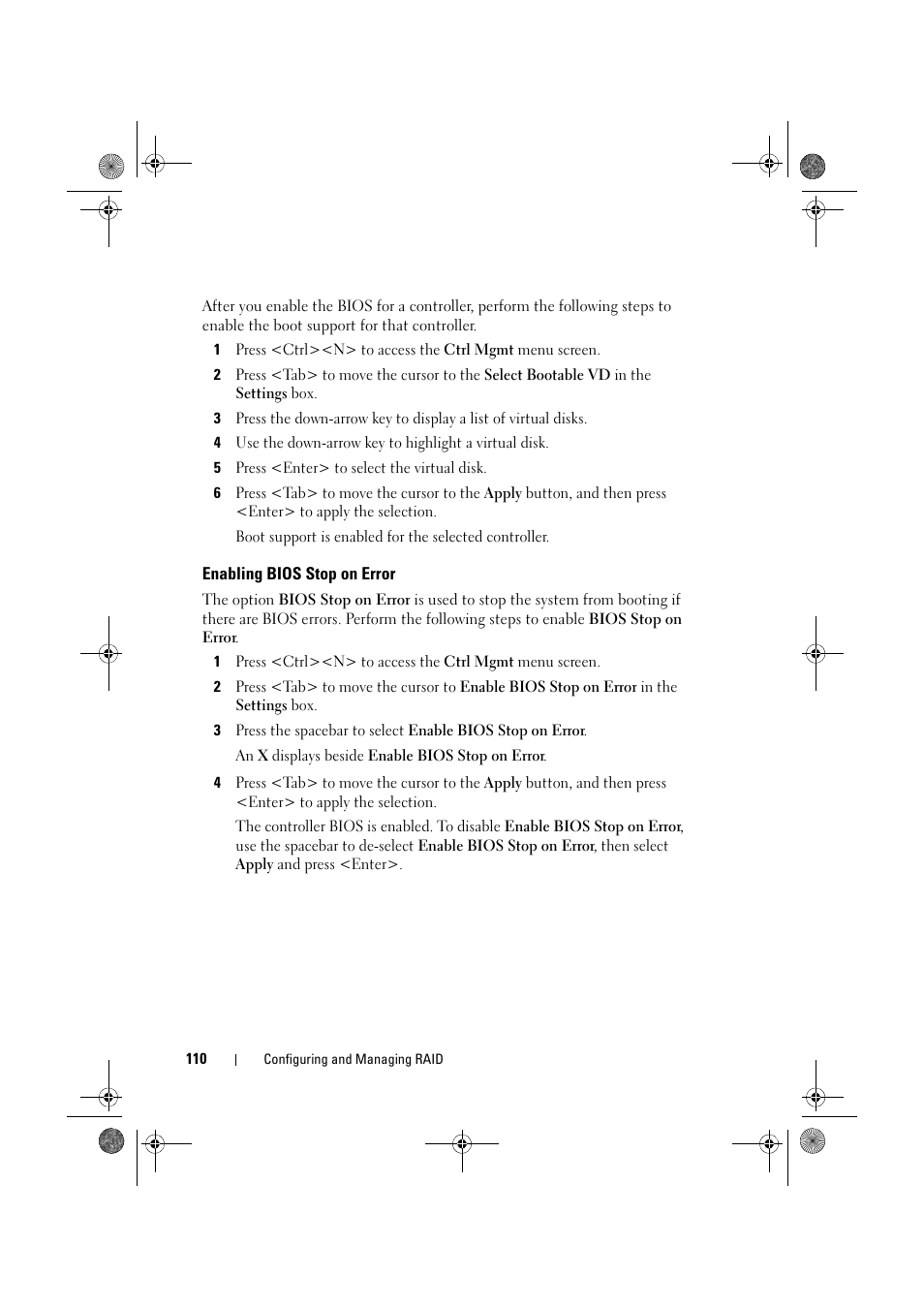 Enabling bios stop on error | Dell PowerEdge RAID Controller 6E User Manual | Page 110 / 160