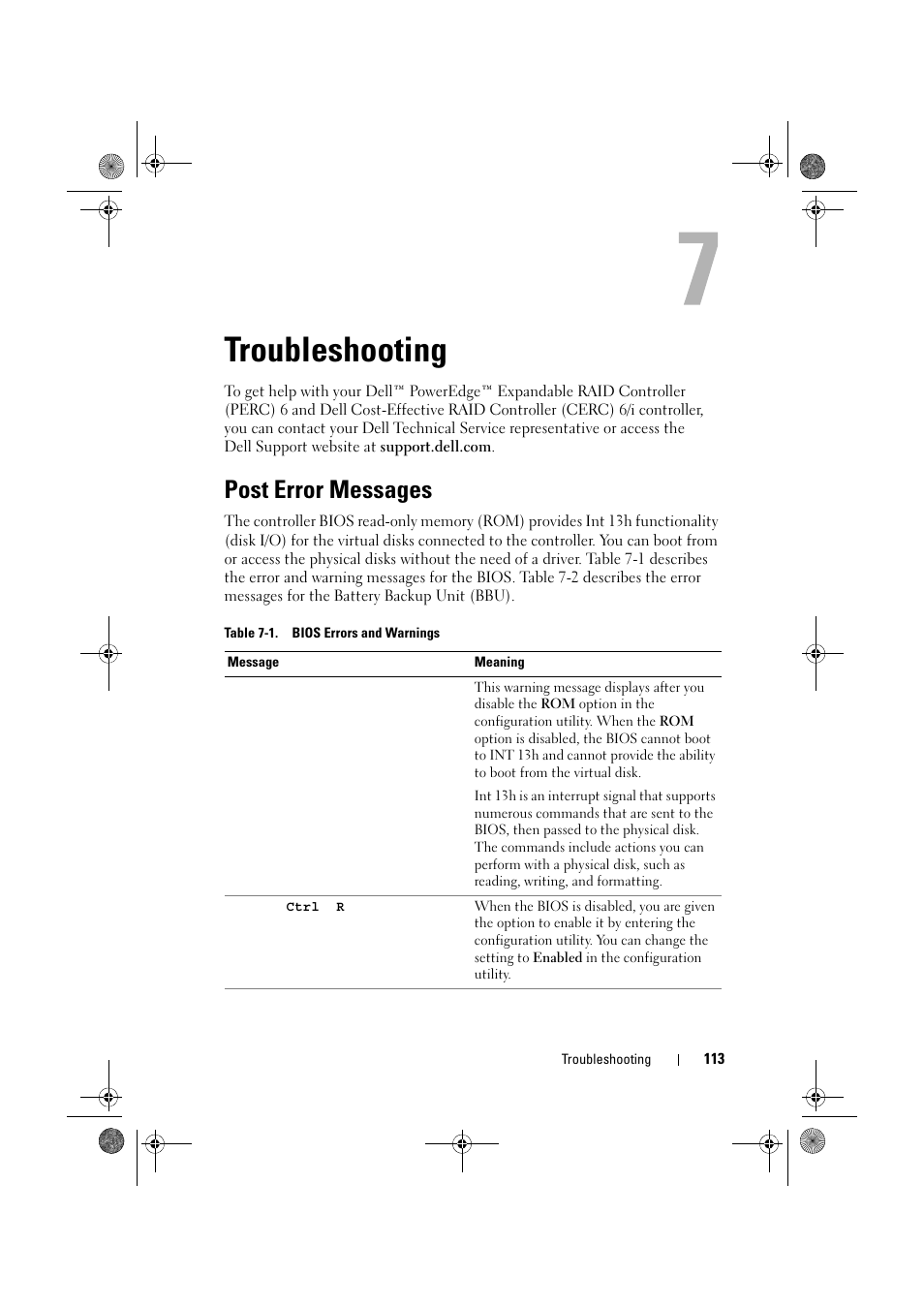 Troubleshooting, Post error messages | Dell PowerEdge RAID Controller 6E User Manual | Page 113 / 160