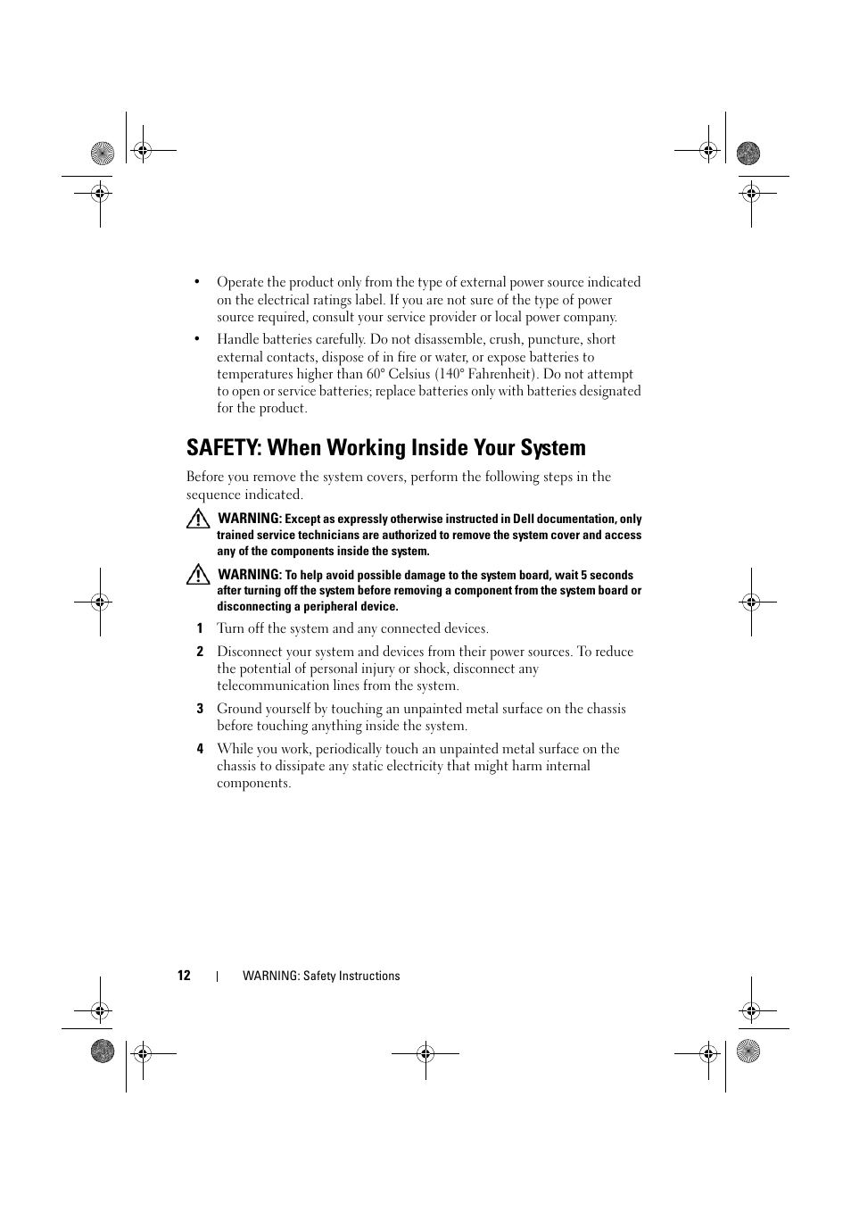 Safety: when working inside your system | Dell PowerEdge RAID Controller 6E User Manual | Page 12 / 160
