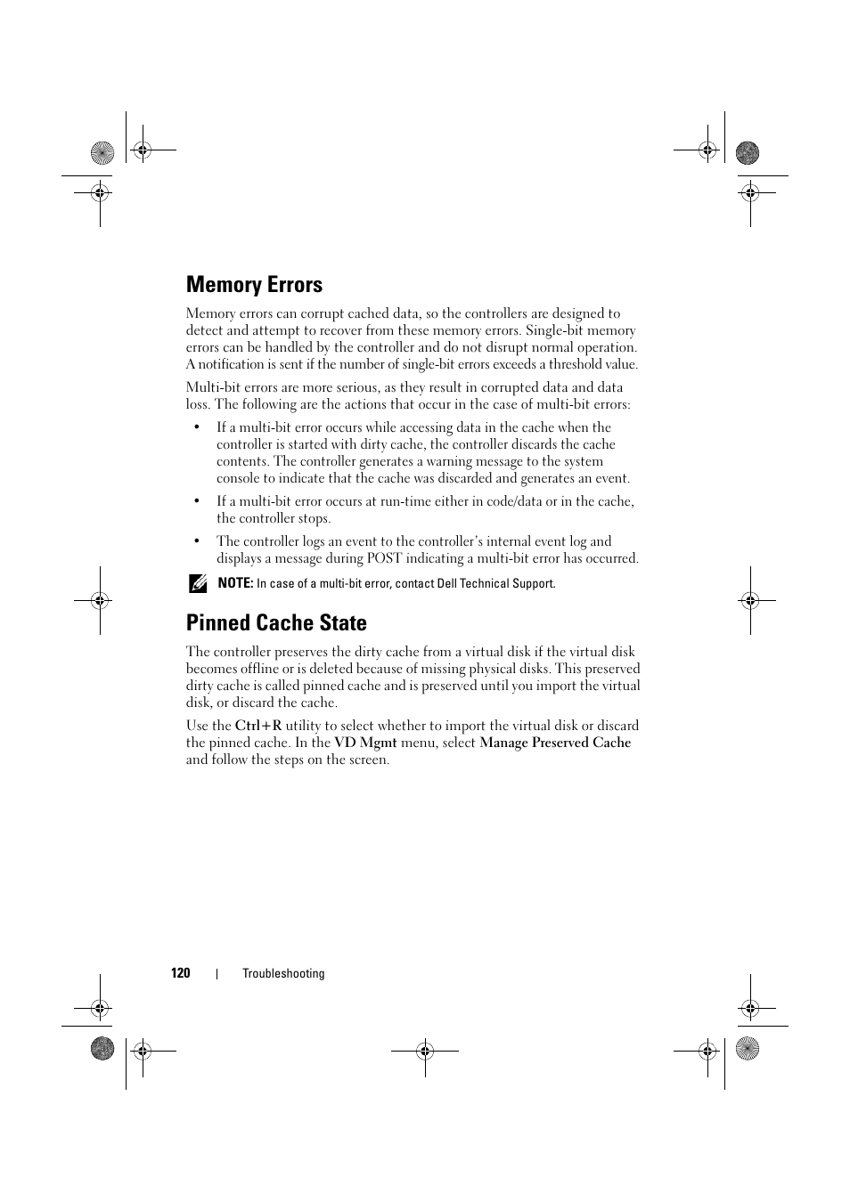 Memory errors, Pinned cache state | Dell PowerEdge RAID Controller 6E User Manual | Page 120 / 160