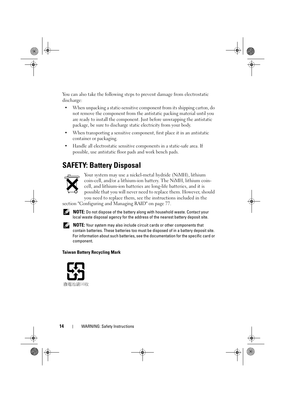 Safety: battery disposal | Dell PowerEdge RAID Controller 6E User Manual | Page 14 / 160