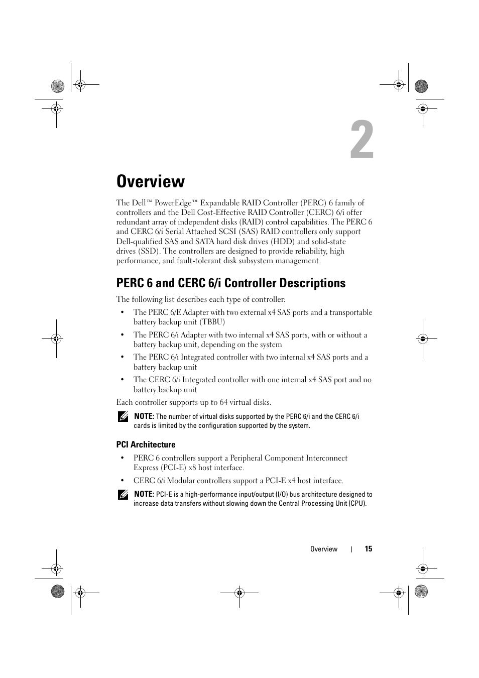 Overview, Perc 6 and cerc 6/i controller descriptions, Pci architecture | Dell PowerEdge RAID Controller 6E User Manual | Page 15 / 160