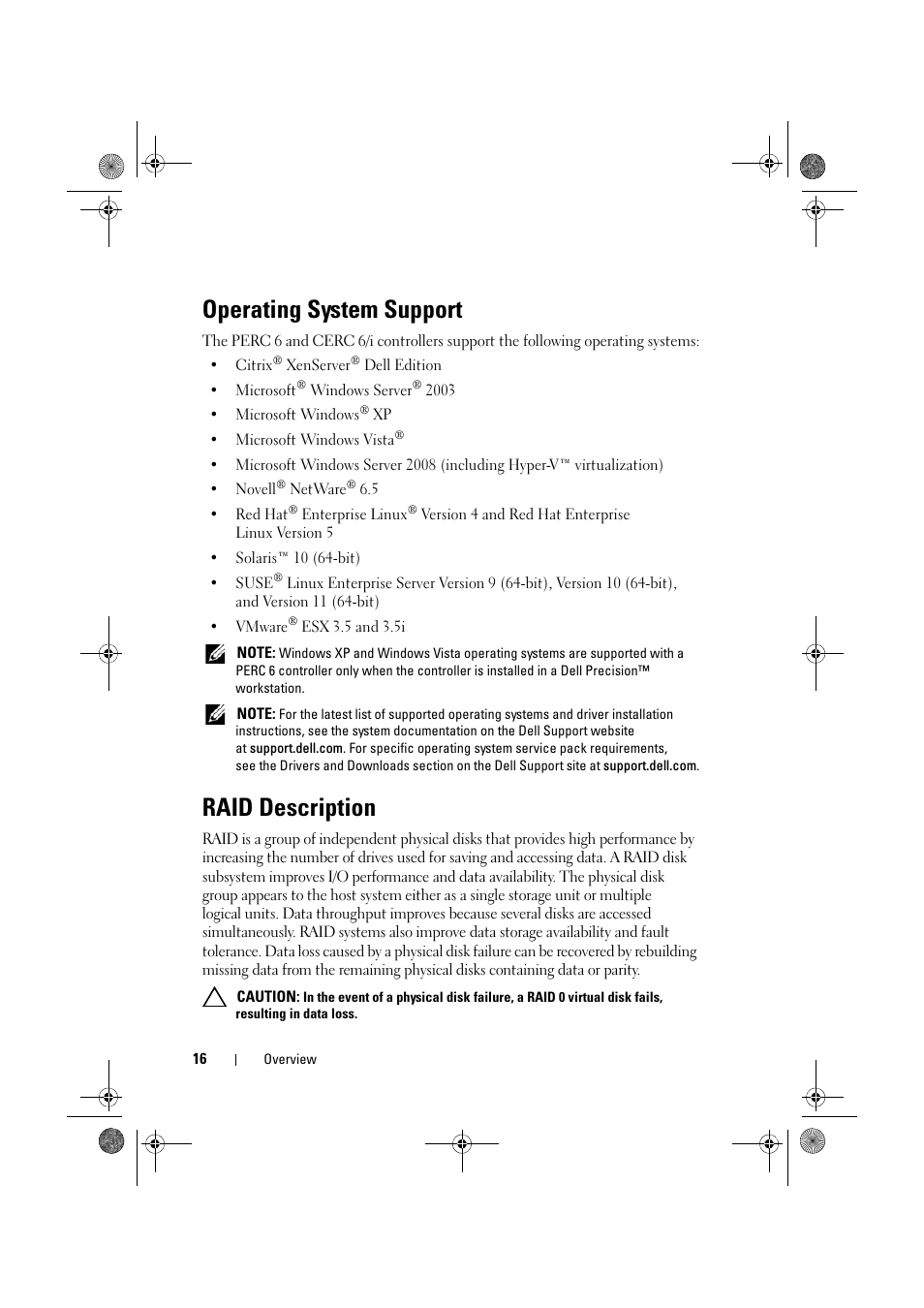 Operating system support, Raid description | Dell PowerEdge RAID Controller 6E User Manual | Page 16 / 160