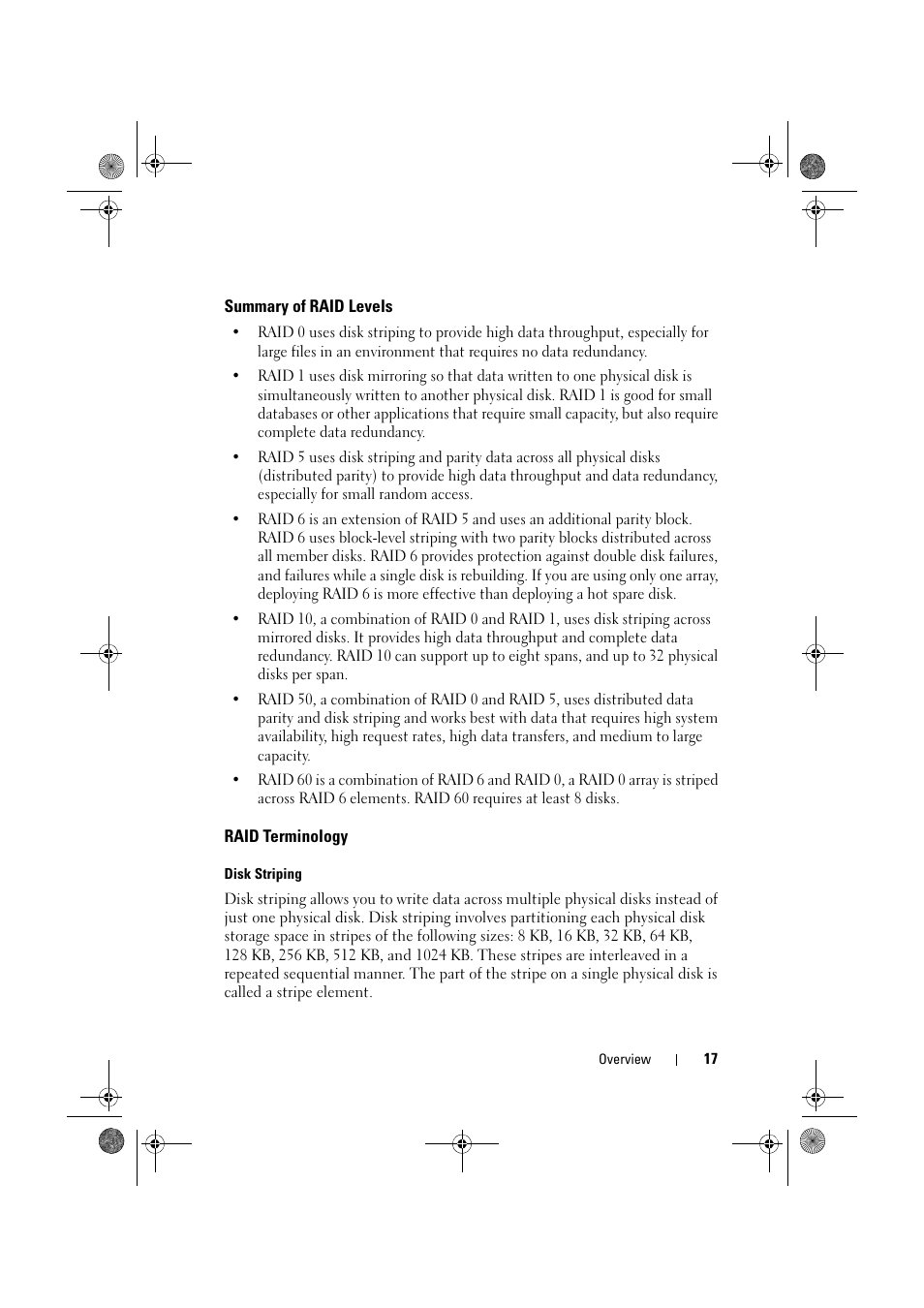 Summary of raid levels, Raid terminology | Dell PowerEdge RAID Controller 6E User Manual | Page 17 / 160
