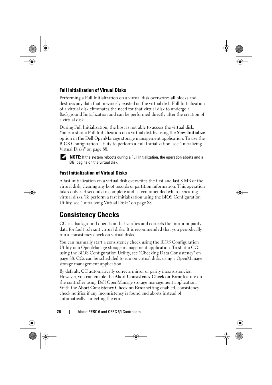 Full initialization of virtual disks, Fast initialization of virtual disks, Consistency checks | Dell PowerEdge RAID Controller 6E User Manual | Page 26 / 160