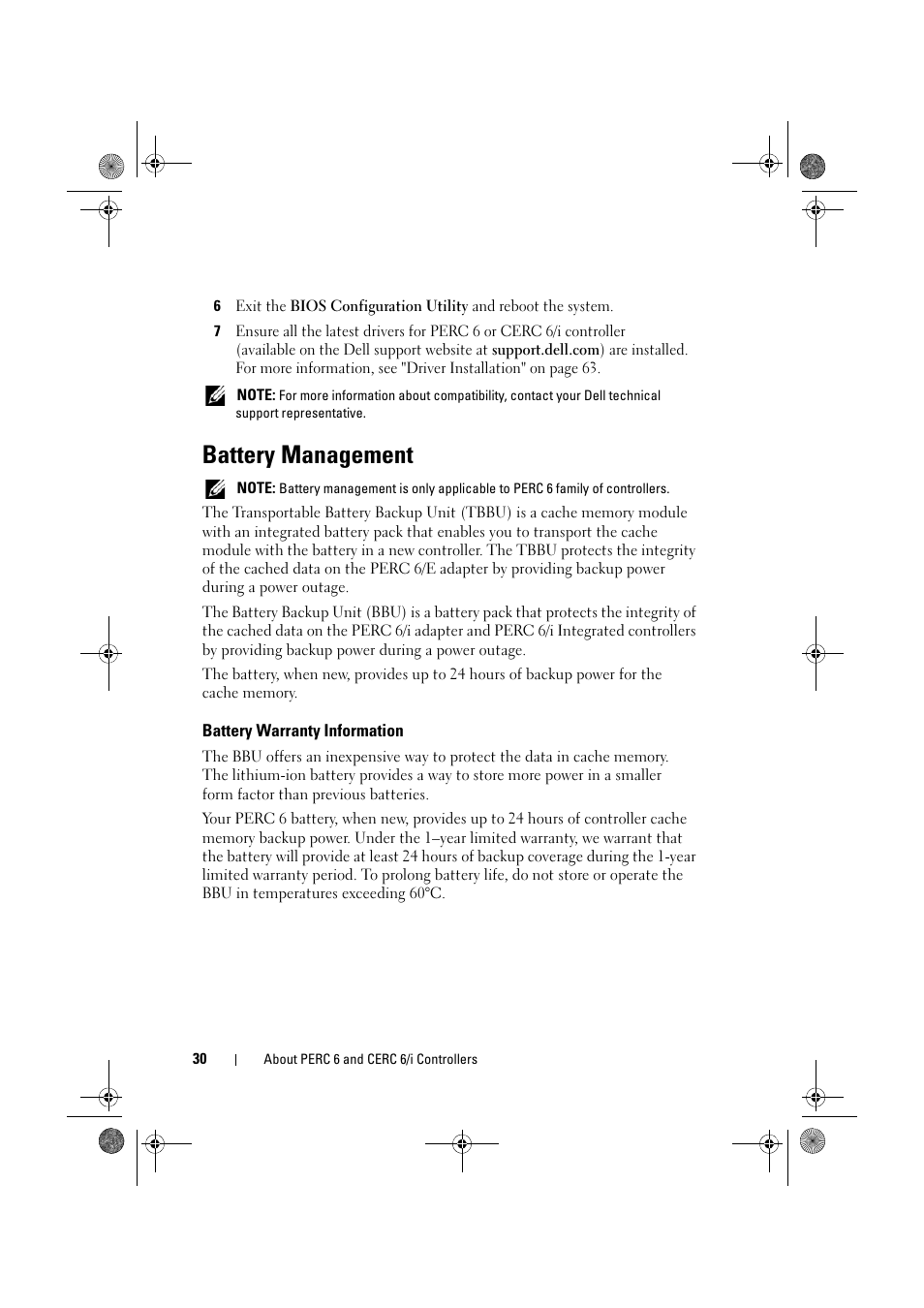 Battery management, Battery warranty information | Dell PowerEdge RAID Controller 6E User Manual | Page 30 / 160