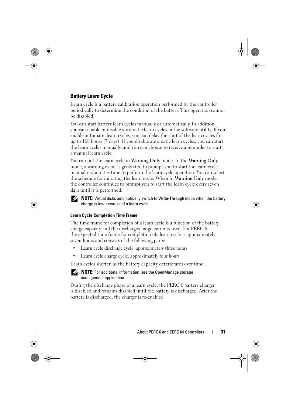 Battery learn cycle | Dell PowerEdge RAID Controller 6E User Manual | Page 31 / 160