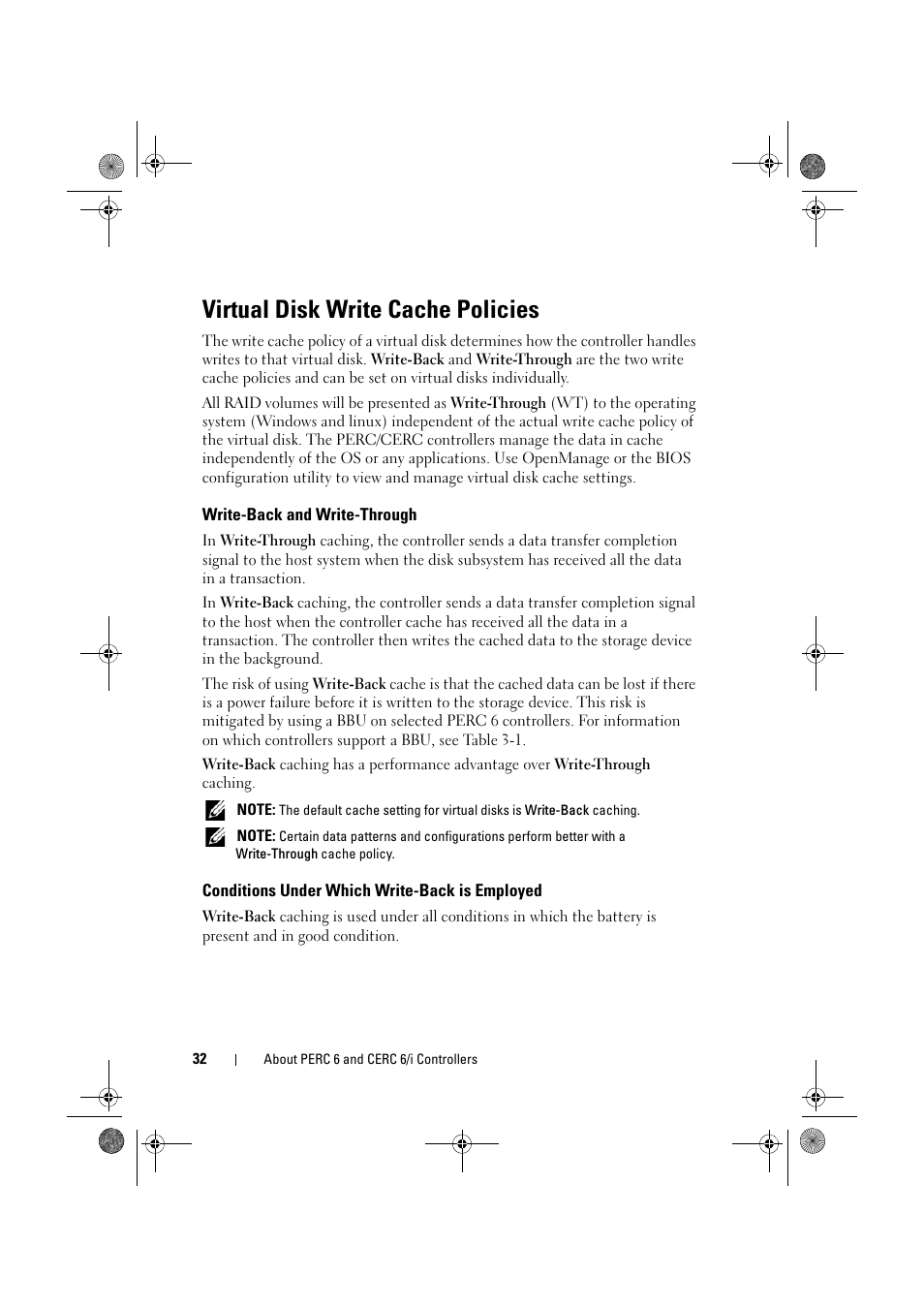 Virtual disk write cache policies, Write-back and write-through, Conditions under which write-back is employed | Dell PowerEdge RAID Controller 6E User Manual | Page 32 / 160
