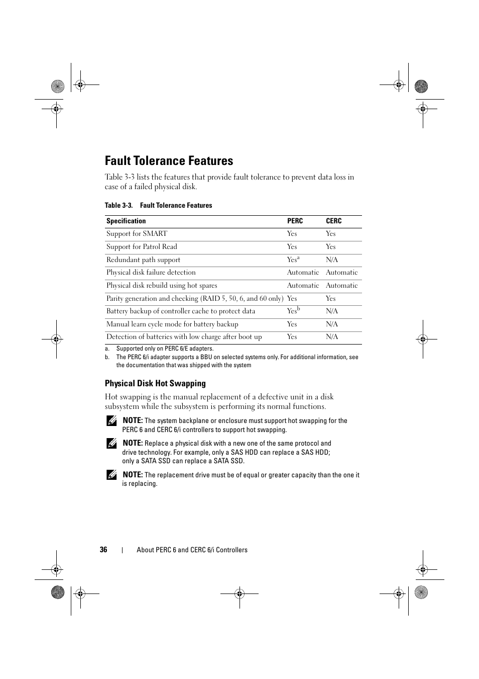 Fault tolerance features, Physical disk hot swapping | Dell PowerEdge RAID Controller 6E User Manual | Page 36 / 160