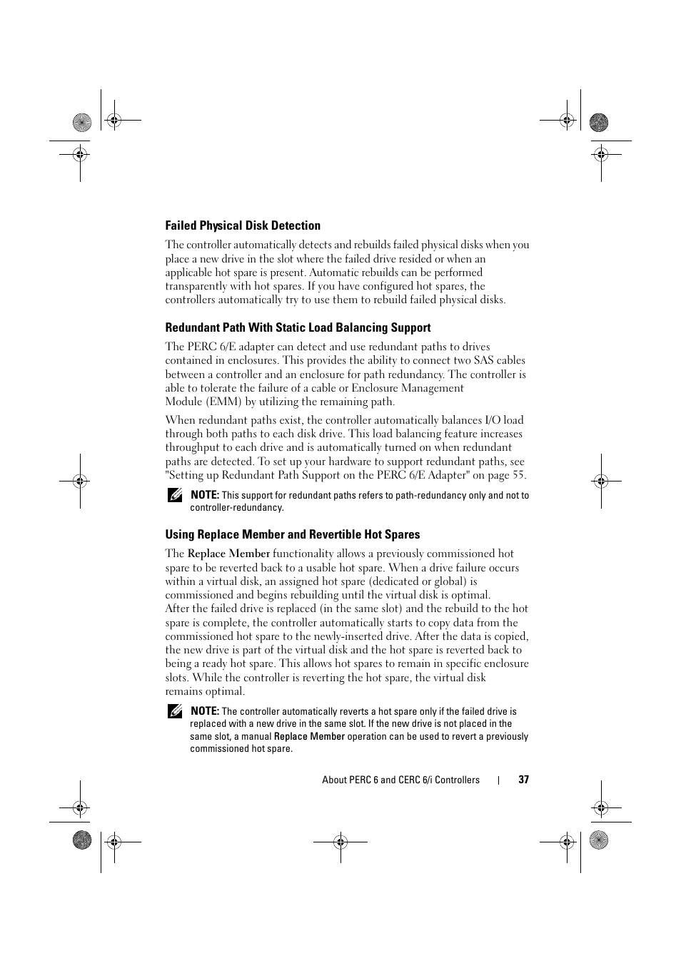 Failed physical disk detection, Redundant path with static load balancing support, Using replace member and revertible hot spares | Dell PowerEdge RAID Controller 6E User Manual | Page 37 / 160