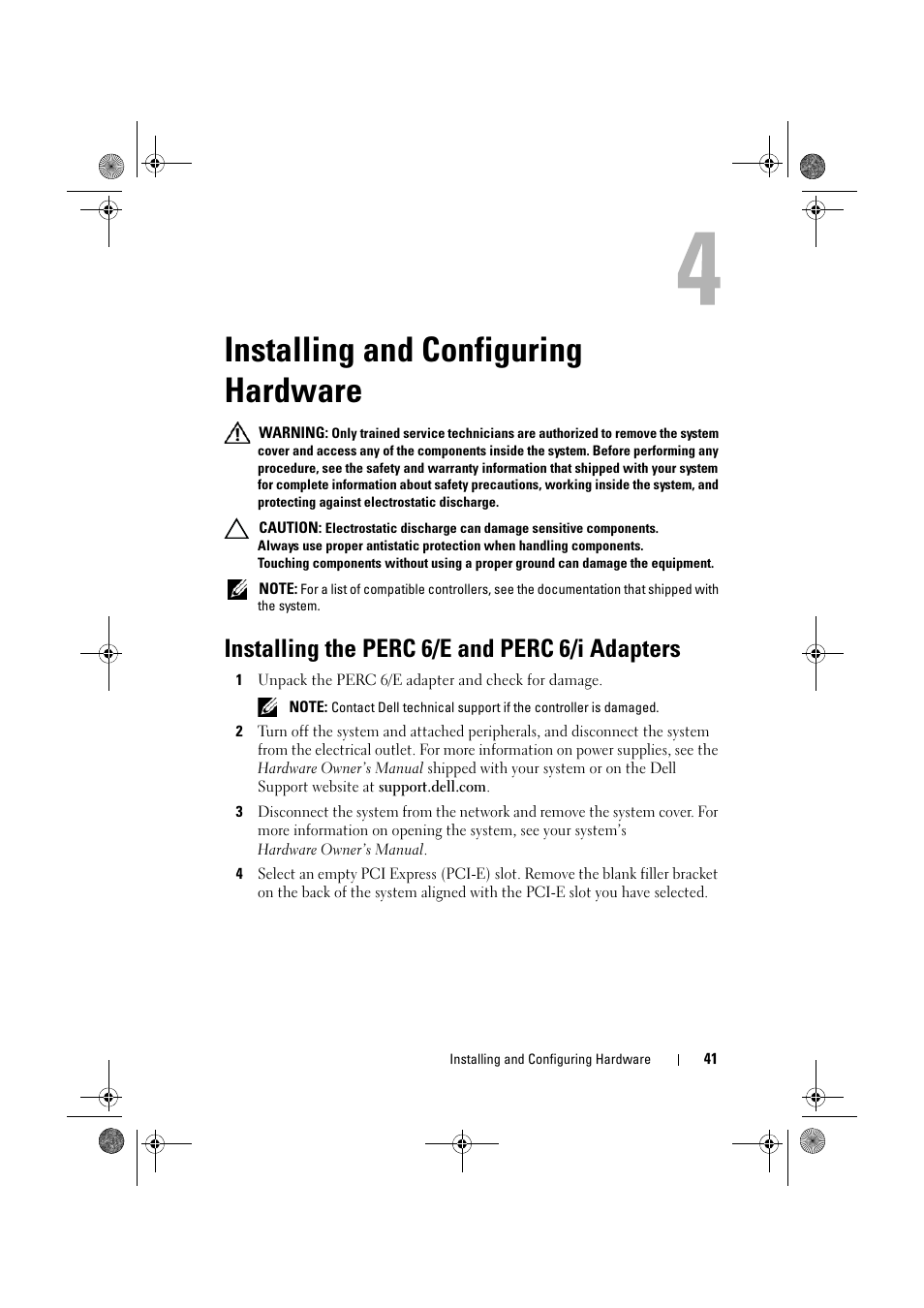 Installing and configuring hardware, Installing the perc 6/e and perc 6/i adapters | Dell PowerEdge RAID Controller 6E User Manual | Page 41 / 160