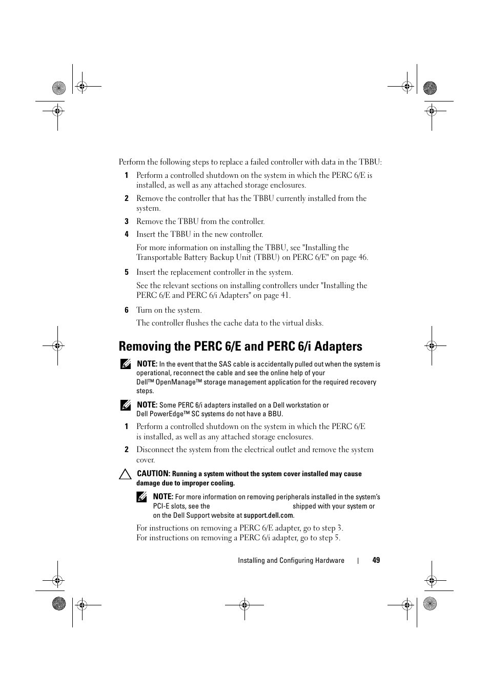 Removing the perc 6/e and perc 6/i adapters | Dell PowerEdge RAID Controller 6E User Manual | Page 49 / 160