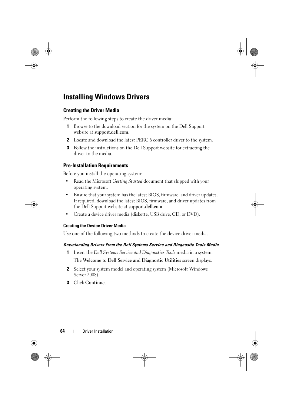 Installing windows drivers, Creating the driver media, Pre-installation requirements | Dell PowerEdge RAID Controller 6E User Manual | Page 64 / 160