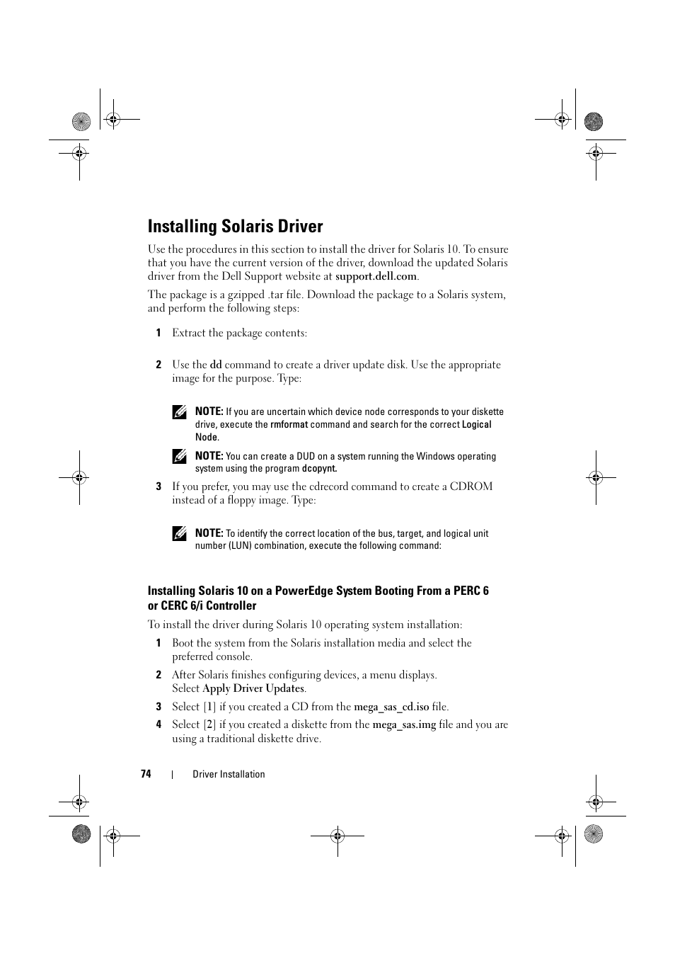 Installing solaris driver | Dell PowerEdge RAID Controller 6E User Manual | Page 74 / 160
