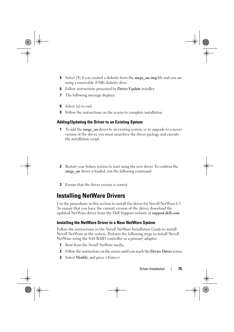 Adding/updating the driver to an existing system, Installing netware drivers | Dell PowerEdge RAID Controller 6E User Manual | Page 75 / 160