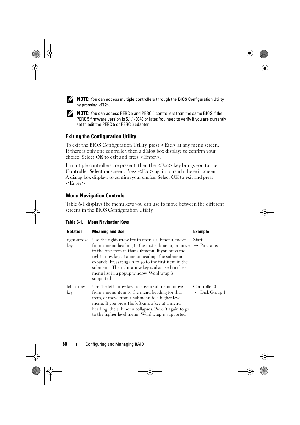 Exiting the configuration utility, Menu navigation controls | Dell PowerEdge RAID Controller 6E User Manual | Page 80 / 160