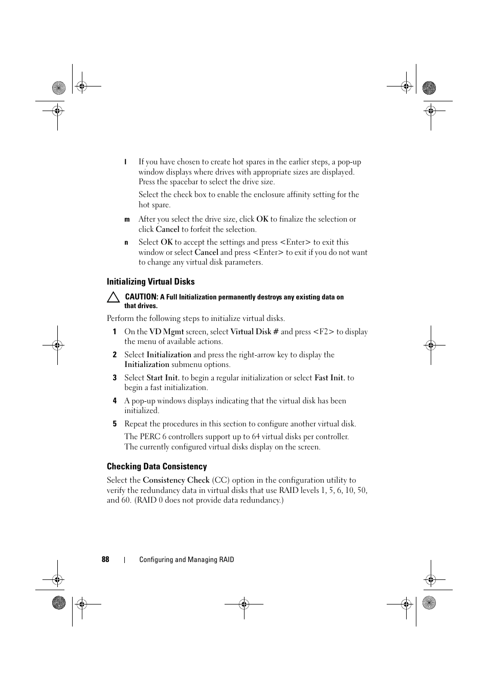 Initializing virtual disks, Checking data consistency | Dell PowerEdge RAID Controller 6E User Manual | Page 88 / 160
