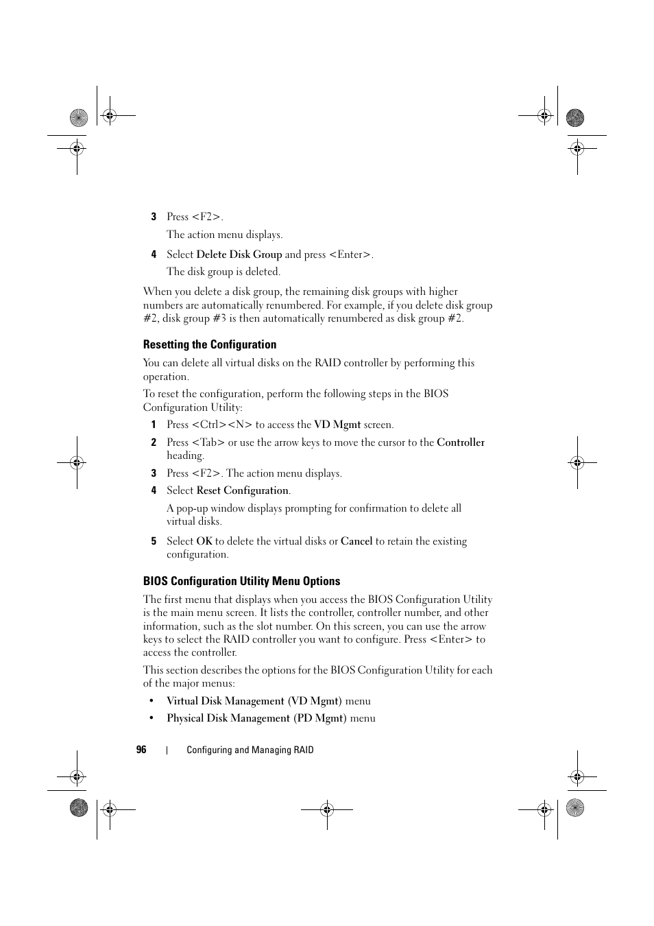 Resetting the configuration, Bios configuration utility menu options | Dell PowerEdge RAID Controller 6E User Manual | Page 96 / 160