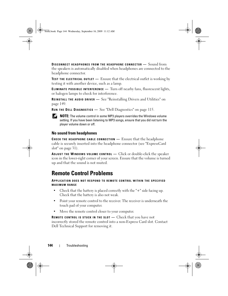 No sound from headphones, Remote control problems | Dell Vostro 1400 (Mid 2007) User Manual | Page 144 / 248