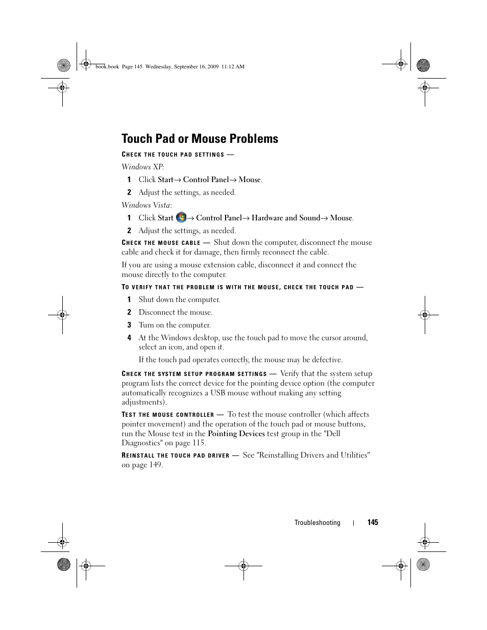 Touch pad or mouse problems | Dell Vostro 1400 (Mid 2007) User Manual | Page 145 / 248