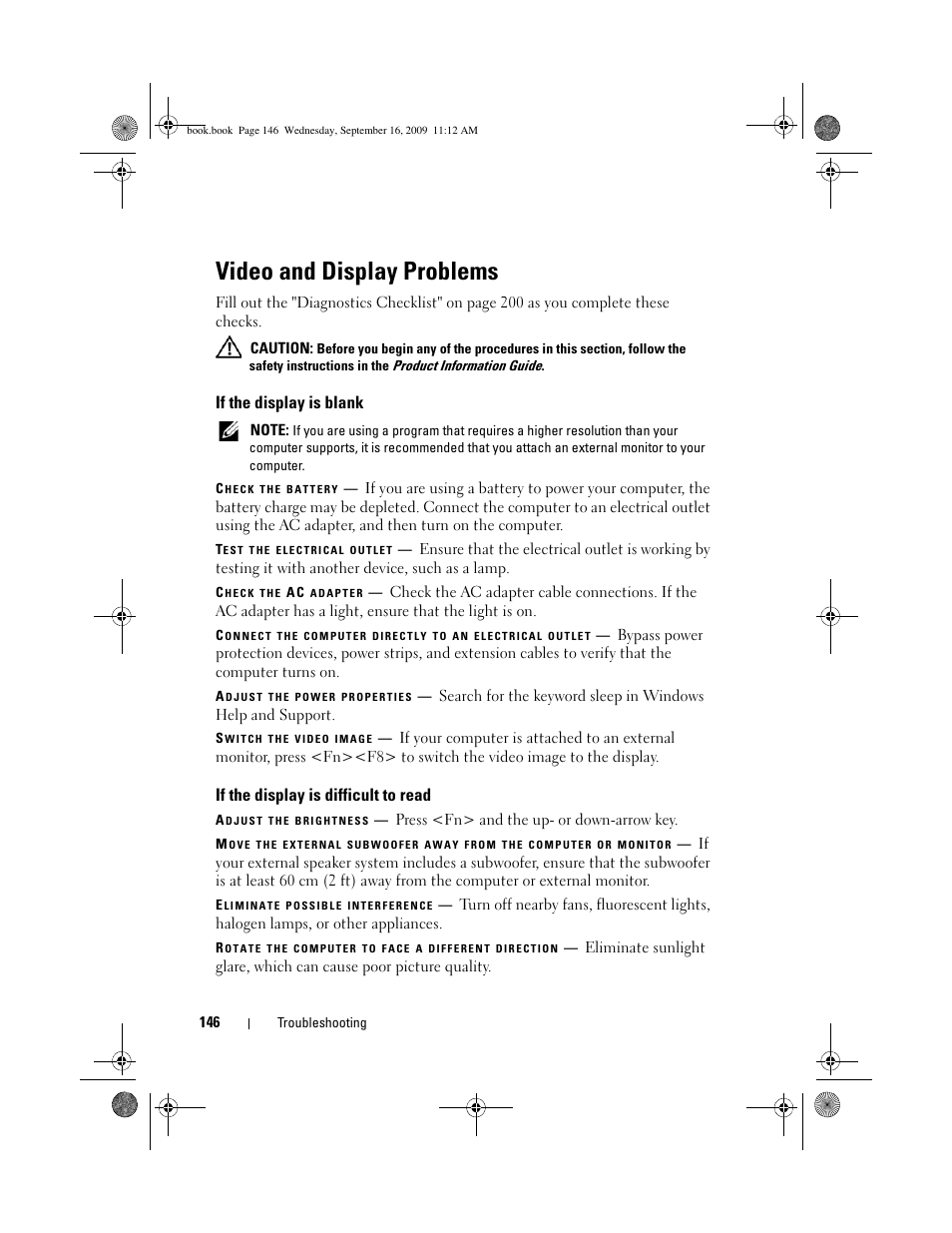 Video and display problems, If the display is blank, If the display is difficult to read | Dell Vostro 1400 (Mid 2007) User Manual | Page 146 / 248