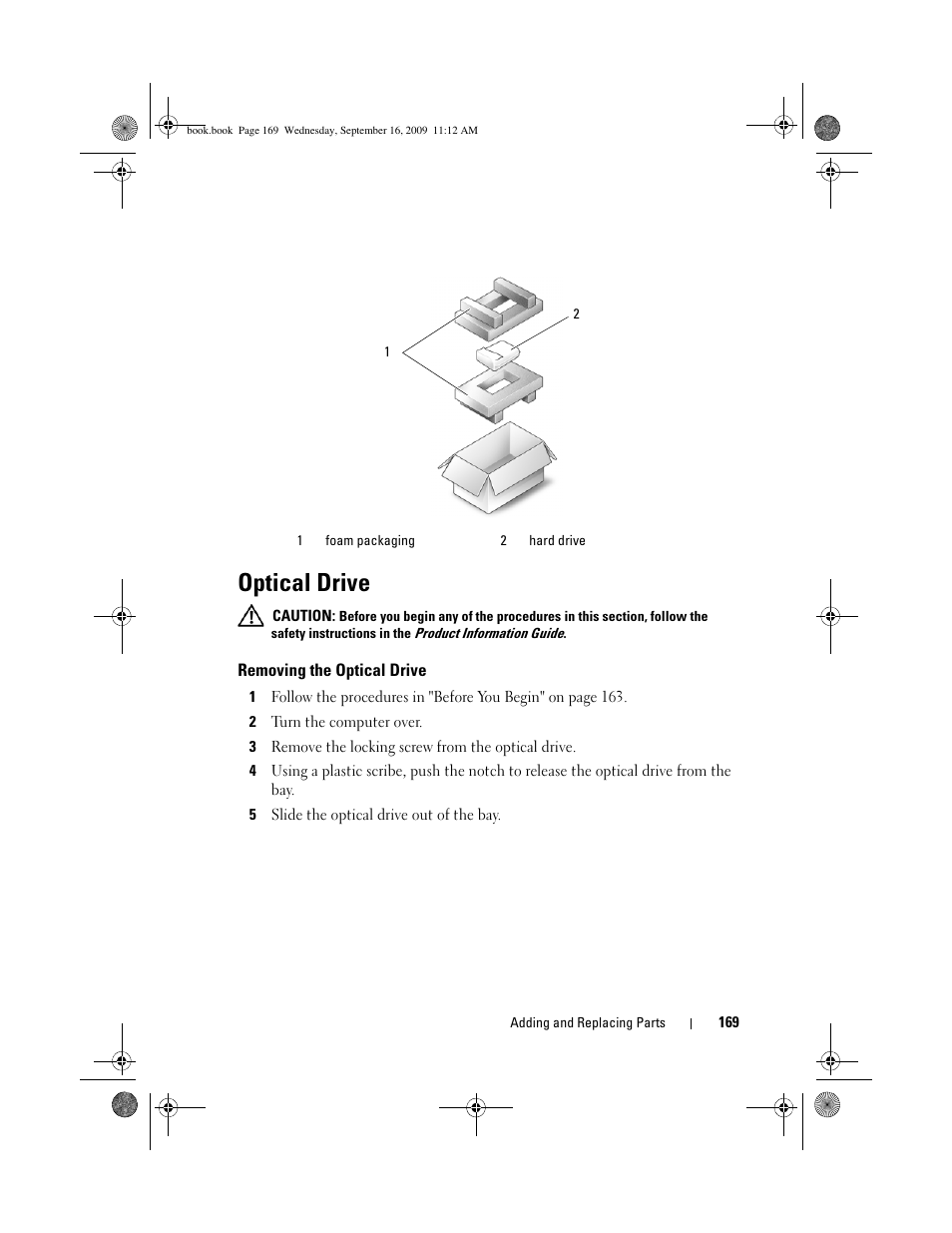Optical drive, Removing the optical drive | Dell Vostro 1400 (Mid 2007) User Manual | Page 169 / 248