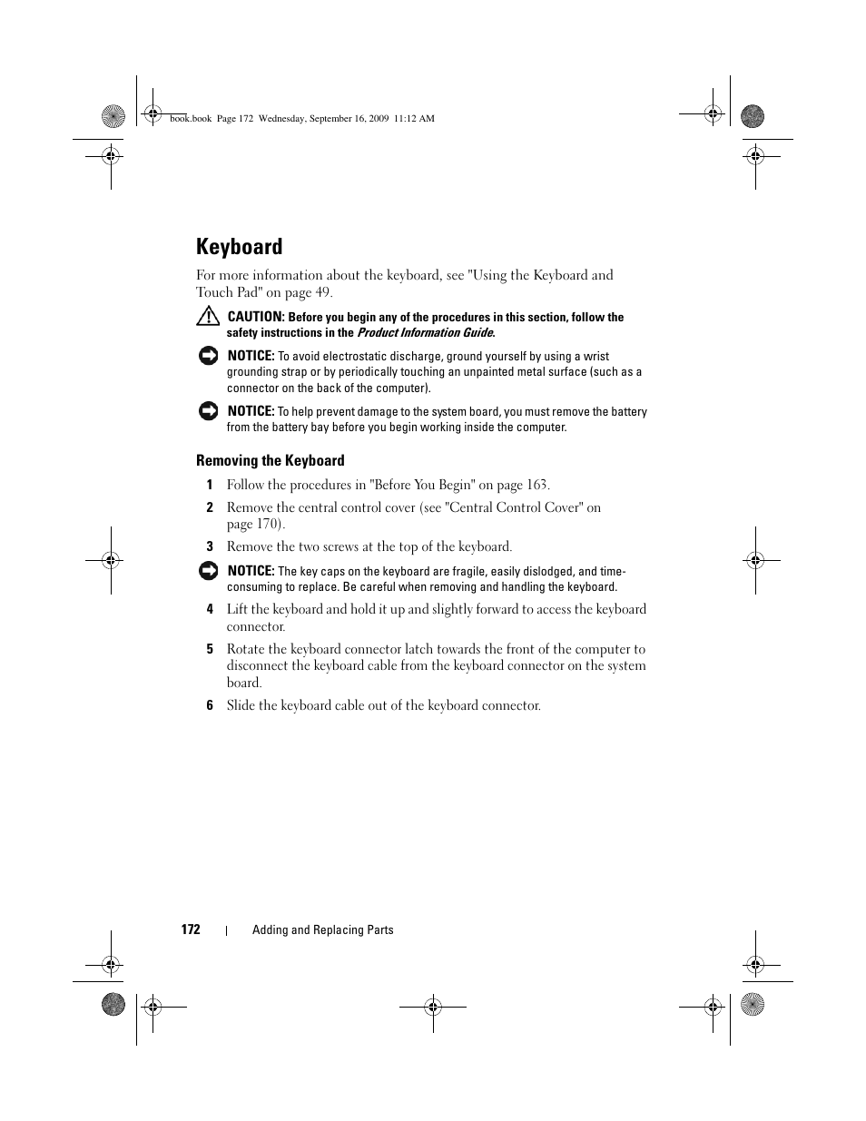 Keyboard, Removing the keyboard | Dell Vostro 1400 (Mid 2007) User Manual | Page 172 / 248