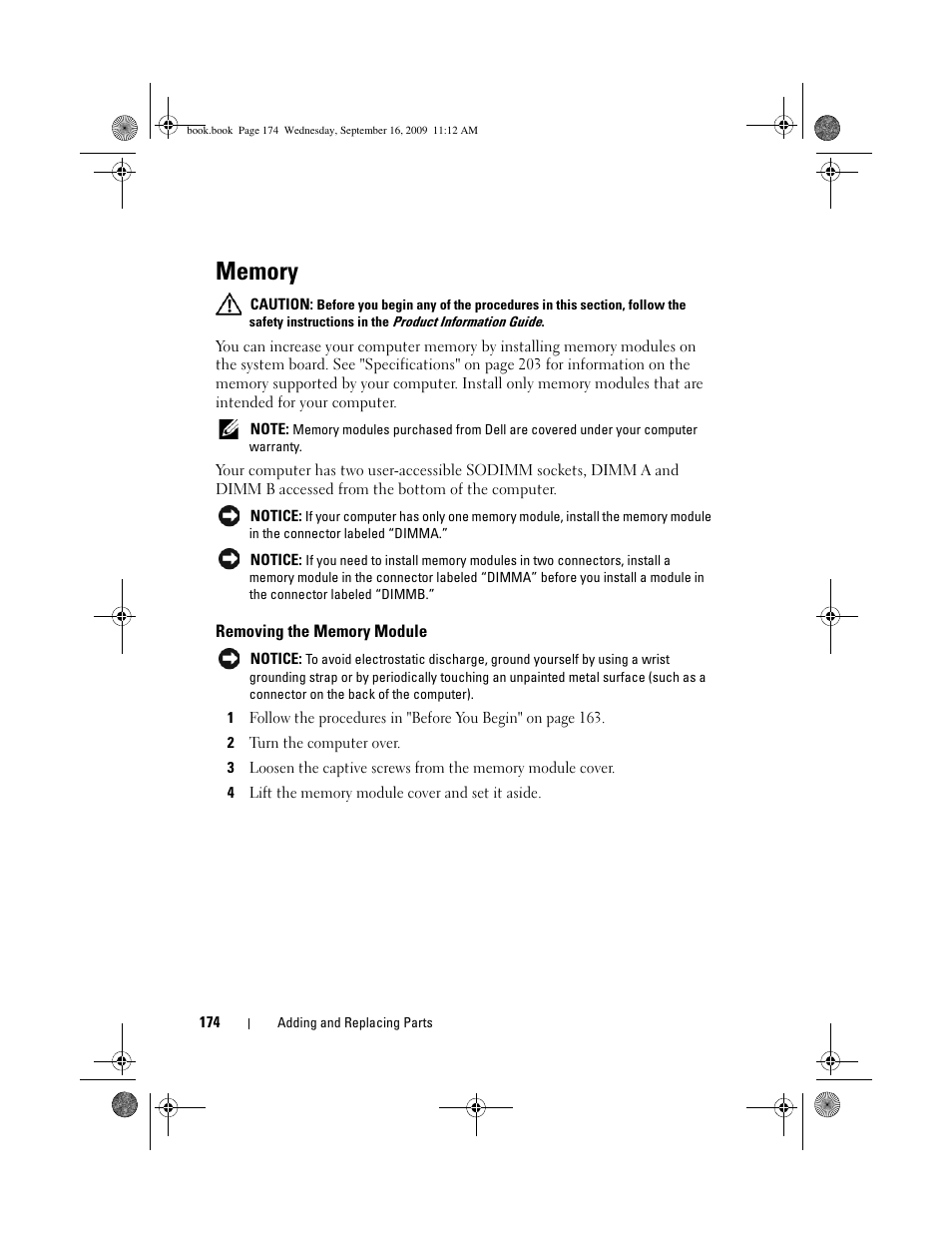 Memory, Removing the memory module | Dell Vostro 1400 (Mid 2007) User Manual | Page 174 / 248