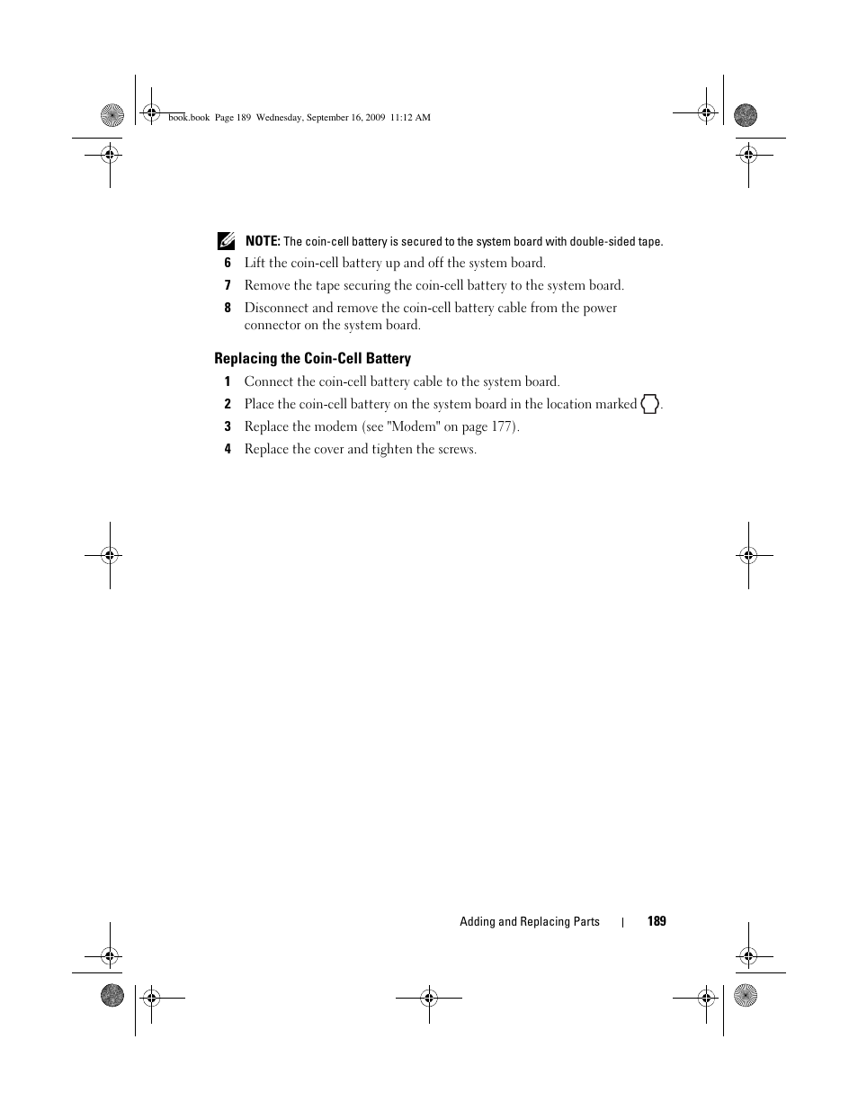 Replacing the coin-cell battery | Dell Vostro 1400 (Mid 2007) User Manual | Page 189 / 248