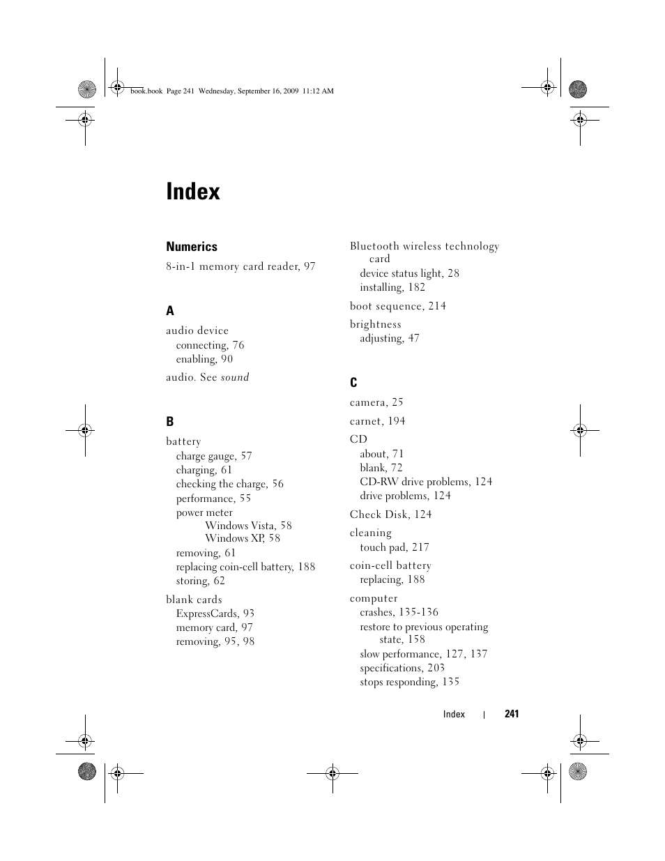 Index | Dell Vostro 1400 (Mid 2007) User Manual | Page 241 / 248