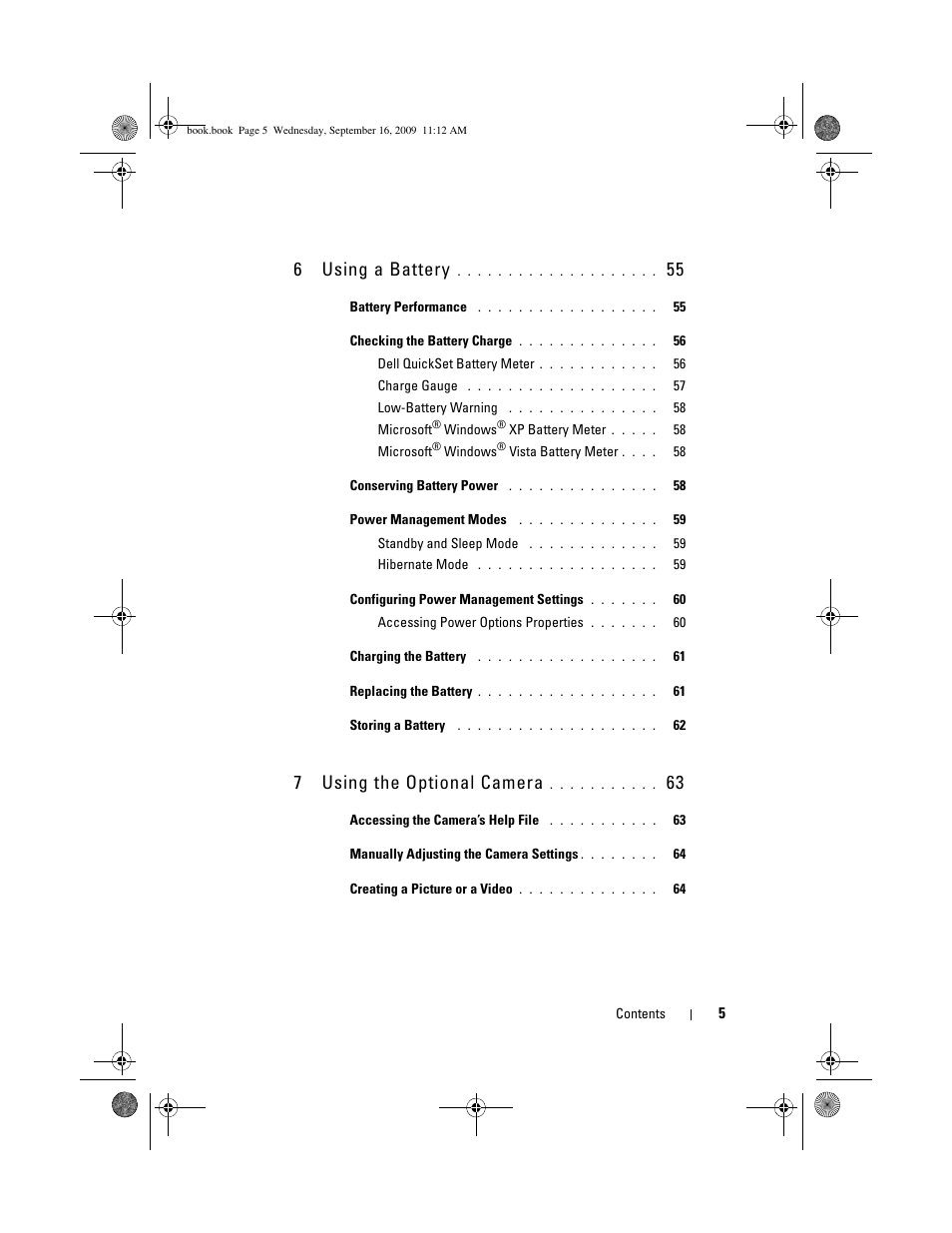 6using a battery, 7using the optional camera | Dell Vostro 1400 (Mid 2007) User Manual | Page 5 / 248