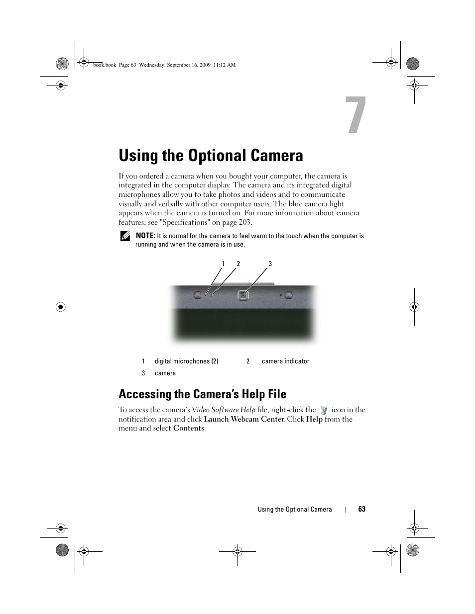Using the optional camera, Accessing the camera’s help file | Dell Vostro 1400 (Mid 2007) User Manual | Page 63 / 248